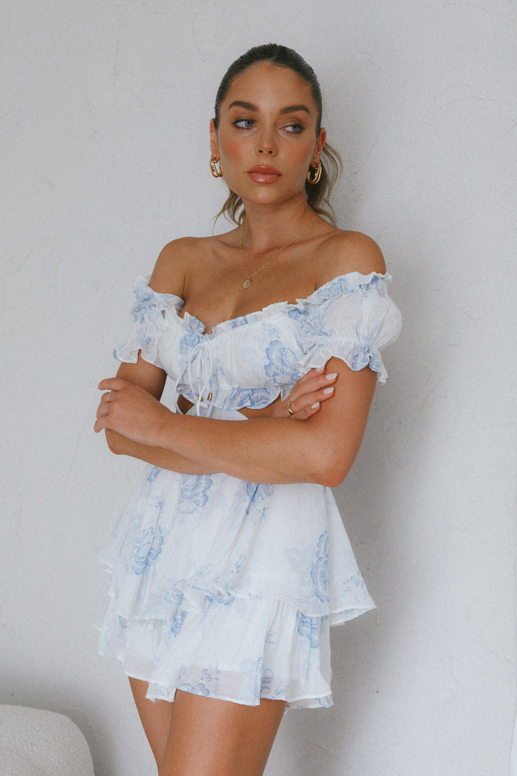 Fancy Free String Tie Cut-Out Waist Romper Floral Blue by Selfie Leslie