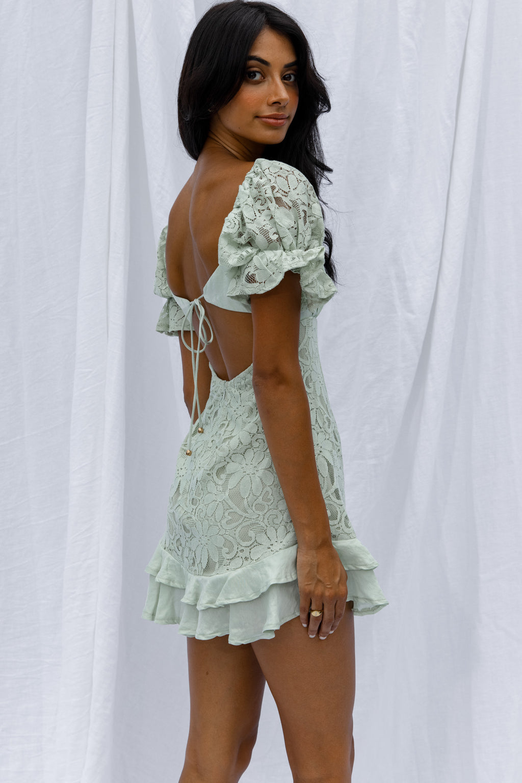 Georgia Peach Puff Sleeve Double Frill Hem Lace Dress Mint by Selfie Leslie