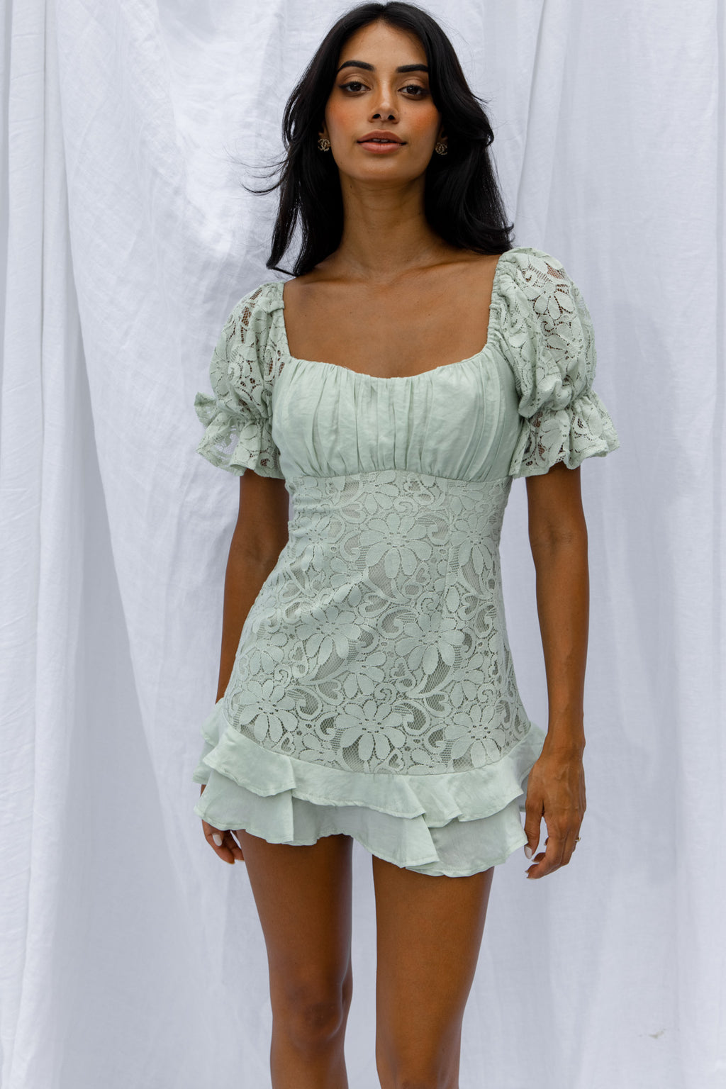 Georgia Peach Puff Sleeve Double Frill Hem Lace Dress Mint by Selfie Leslie