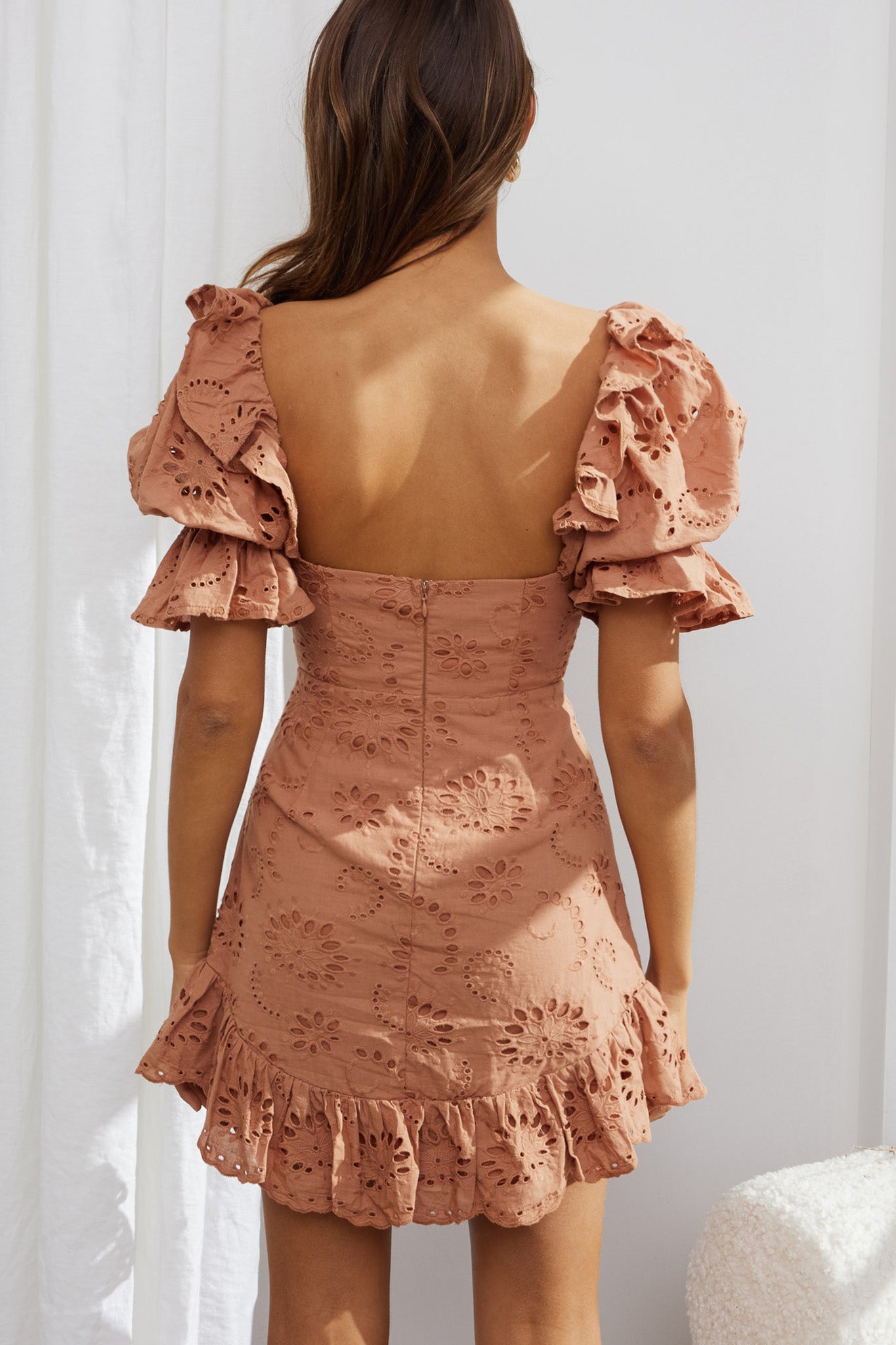 Meet Cute Twist Bust Puff Sleeve Eyelet Dress Latte by Selfie Leslie