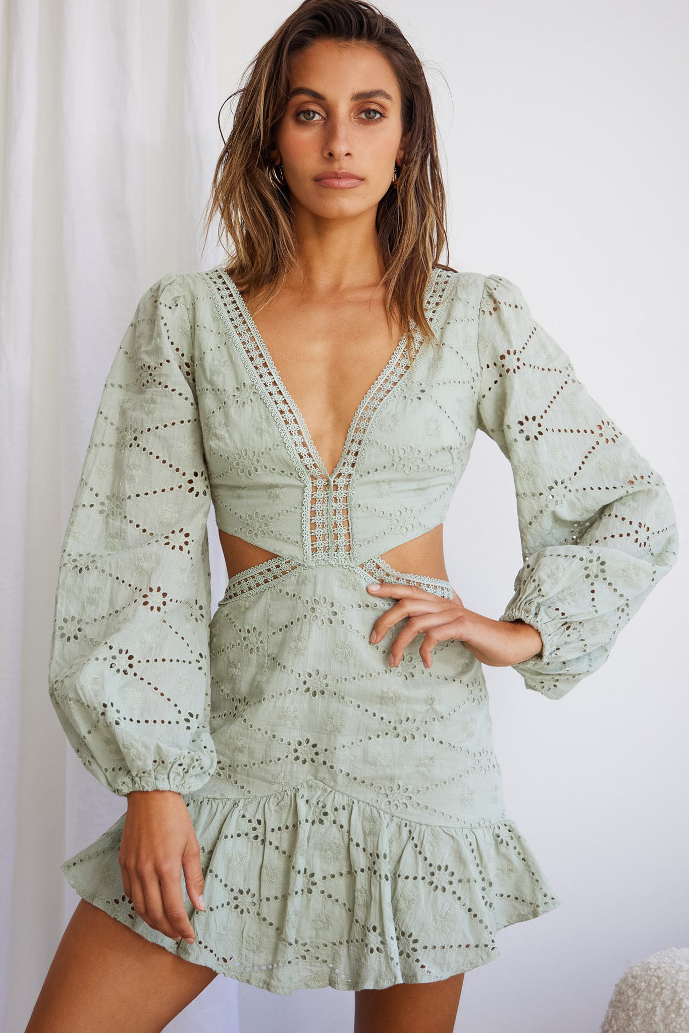 Santorini Sunset Balloon Sleeve Cut-Out Eyelet Dress Sage by Selfie Leslie