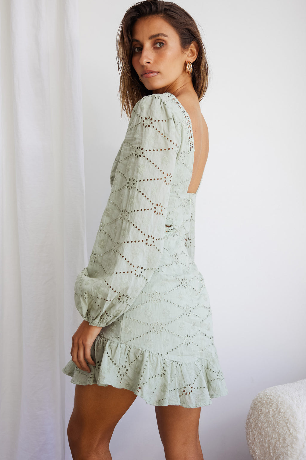 Santorini Sunset Balloon Sleeve Cut-Out Eyelet Dress Sage by Selfie Leslie