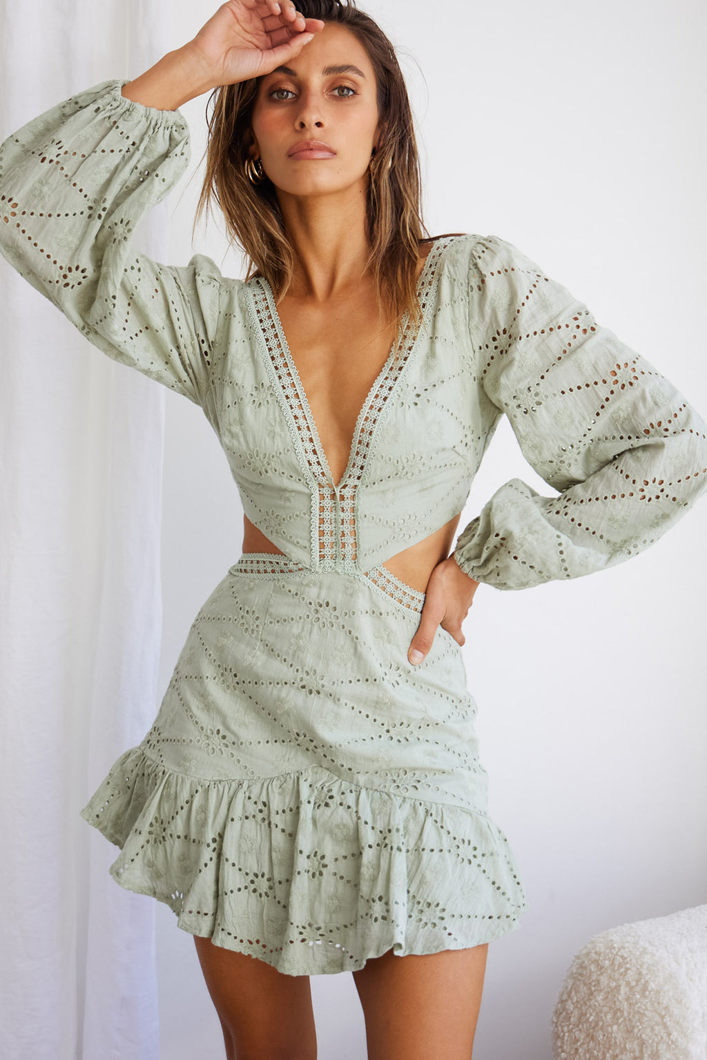 Santorini Sunset Balloon Sleeve Cut-Out Eyelet Dress Sage by Selfie Leslie