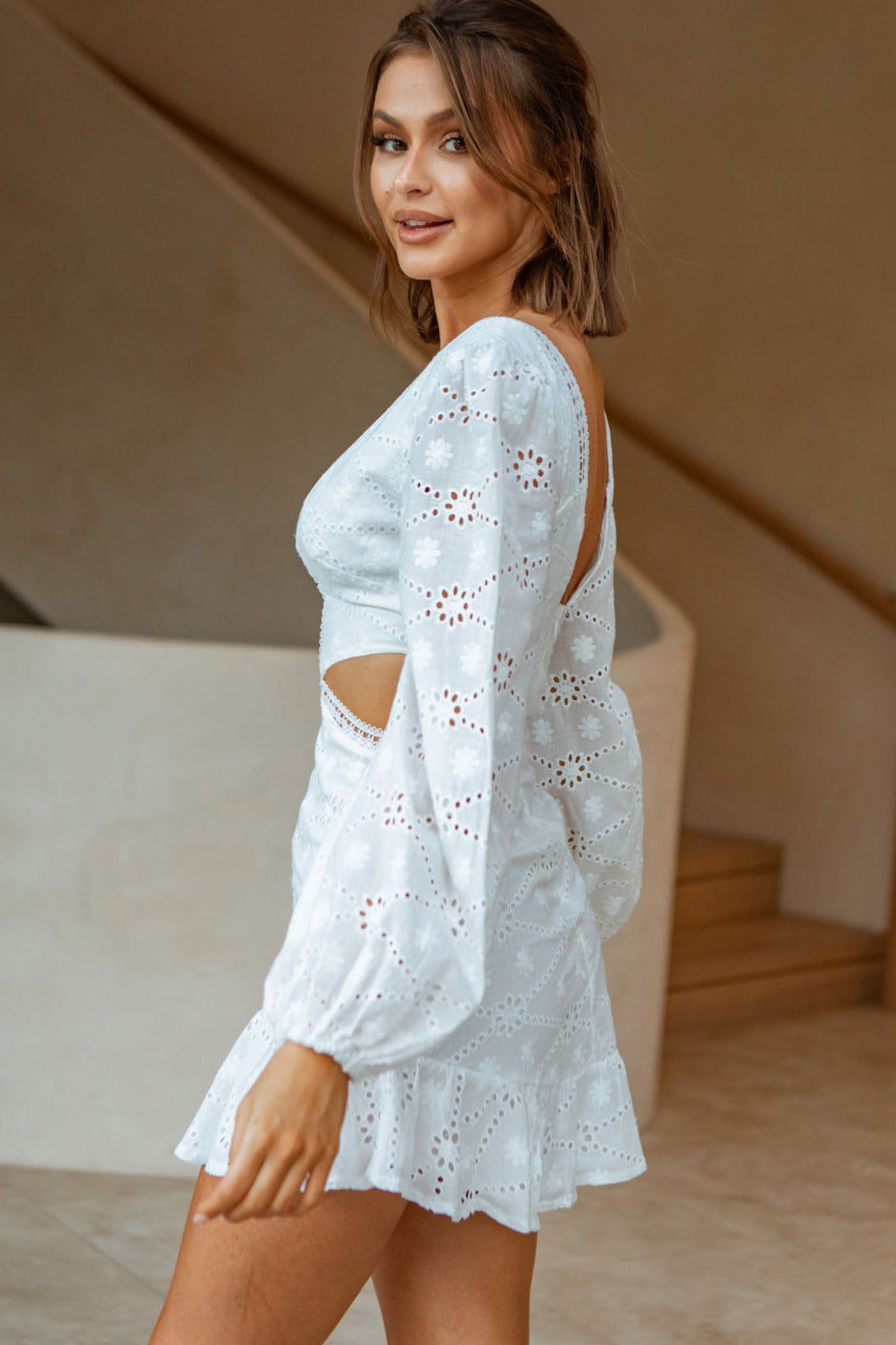 white eyelet long sleeve dress Santorini Sunset Balloon Sleeve Cut-Out Eyelet Dress White