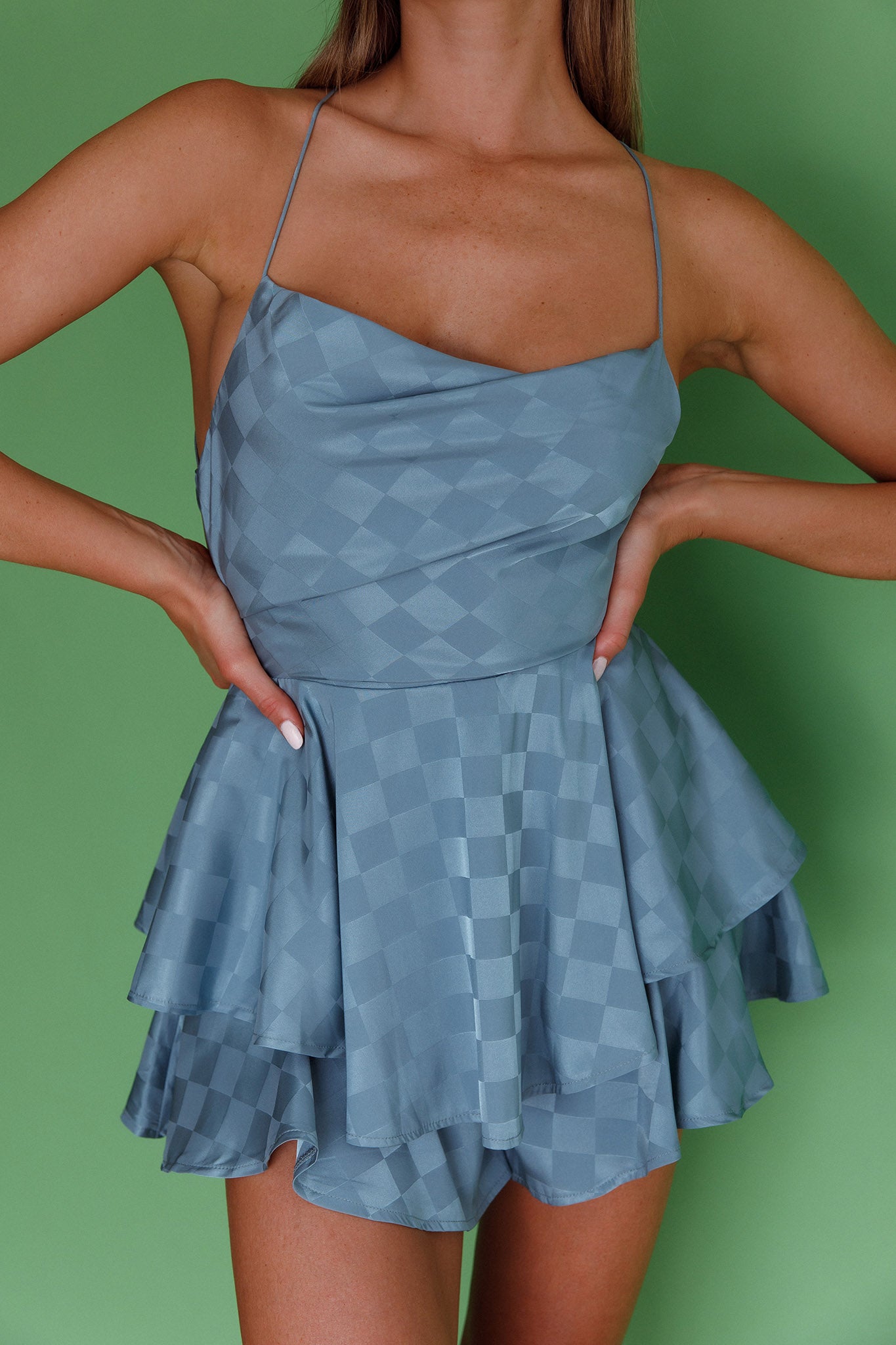 Mon Cherie Cowl Neckline Lace-Up Back Romper Square Pattern Sage by Selfie Leslie