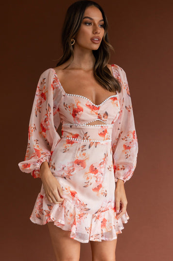 Catch Feelings Sweetheart Neckline Dot Trim Dress Rose Print Mint