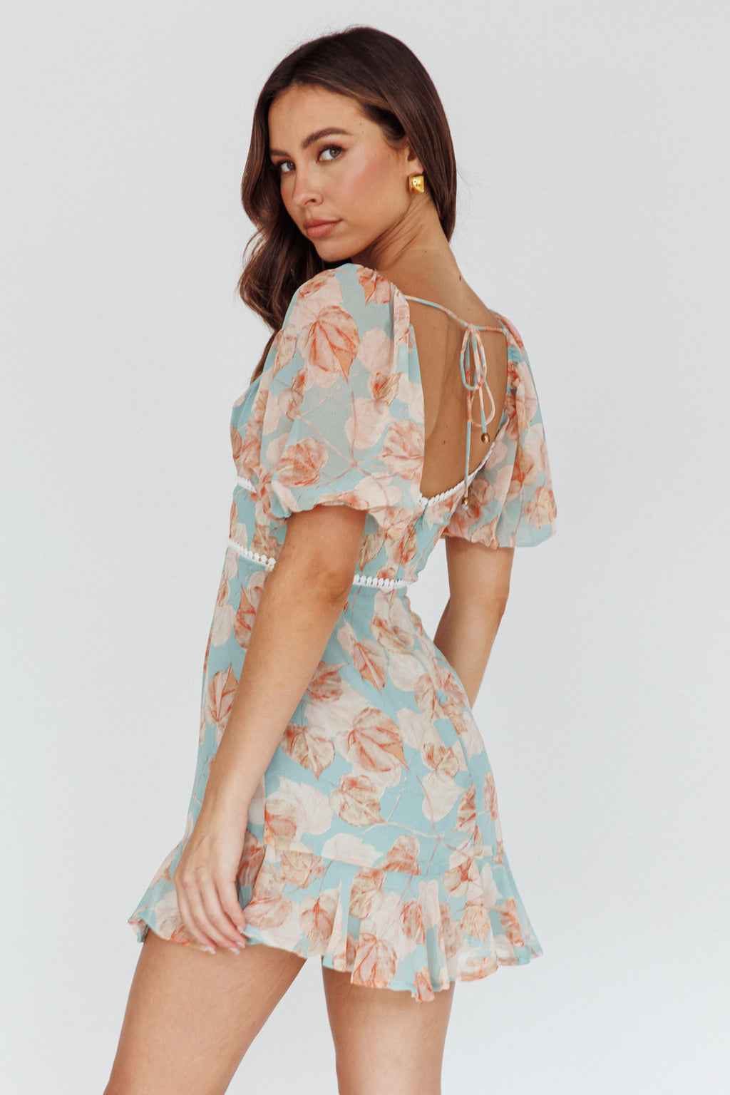 Catch Feelings Sweetheart Puff Sleeve Mini Dress Leaves Blue by Selfie Leslie