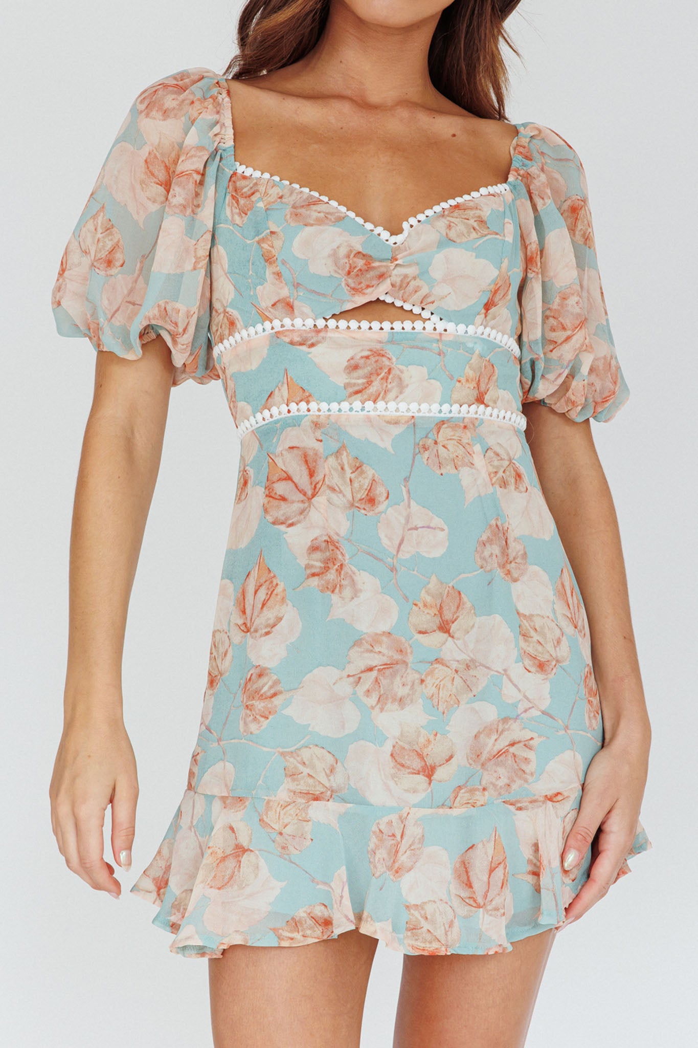 Catch Feelings Sweetheart Puff Sleeve Mini Dress Leaves Blue by Selfie Leslie