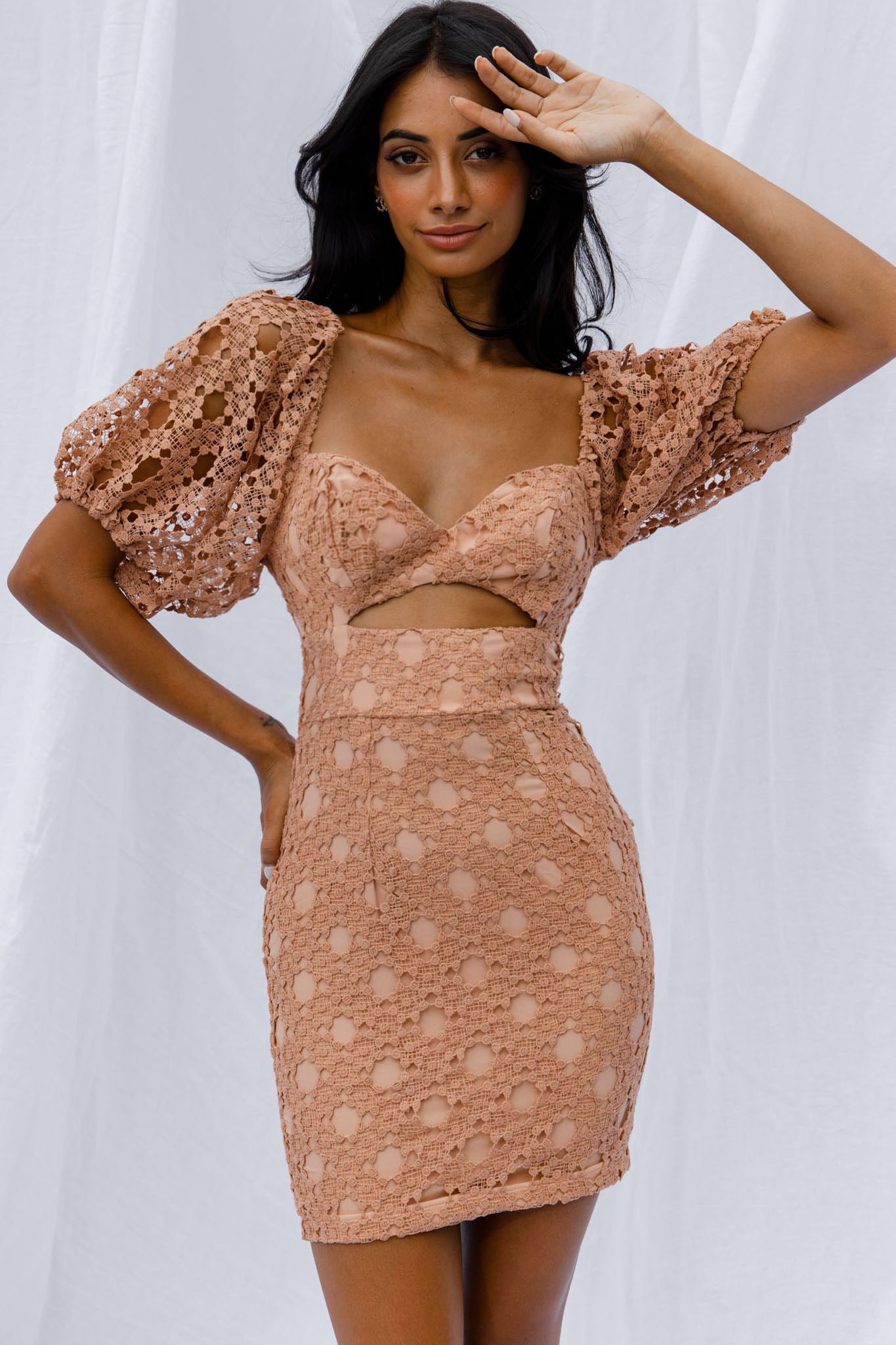 Catch Feelings Sweetheart Neckline Crochet Lace Overlay Dress Mocha by Selfie Leslie