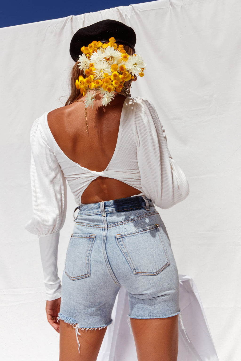 Moneymaker Lantern Sleeve Open Back Bodysuit White by Selfie Leslie