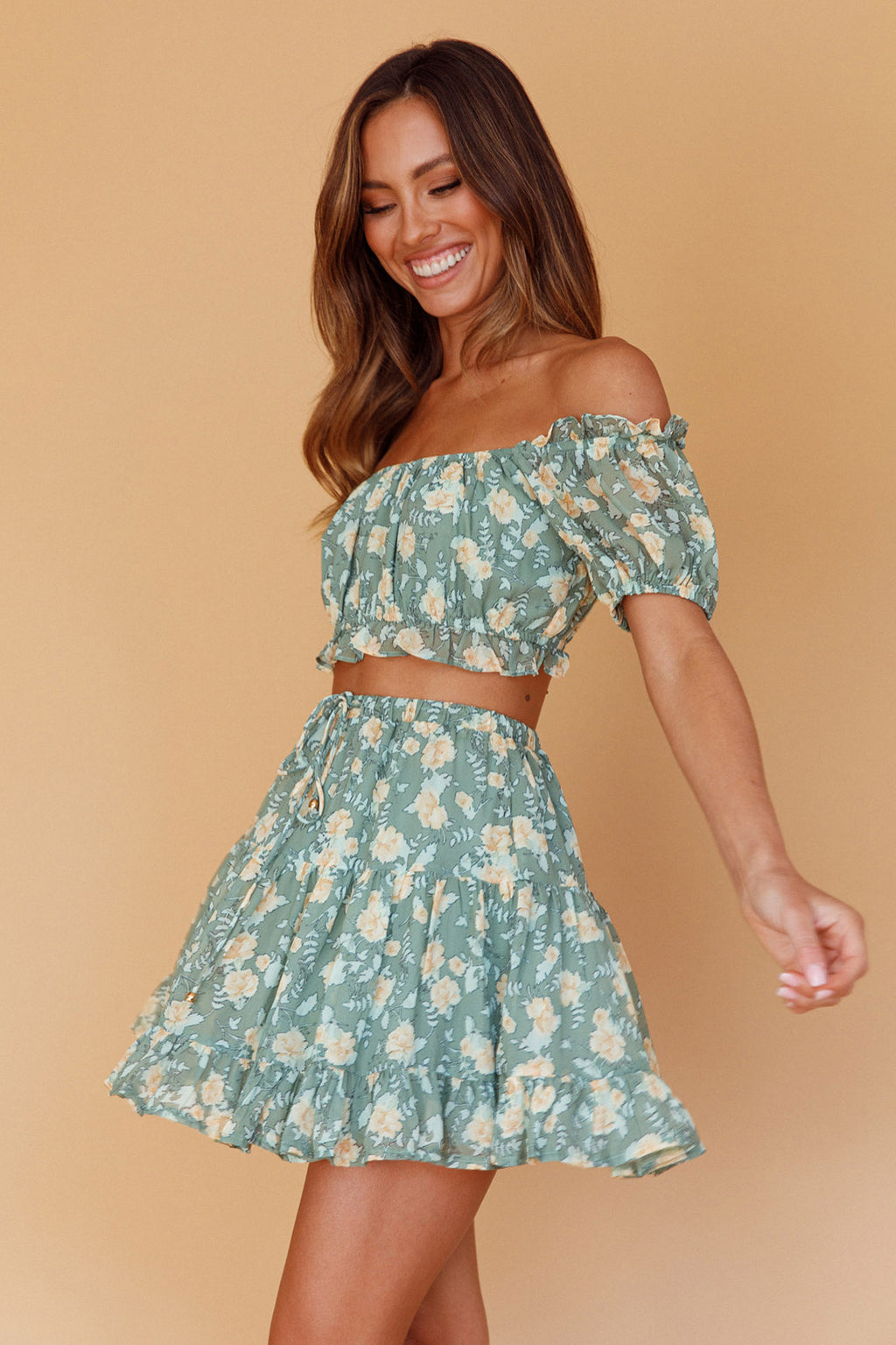 Archana Puff Sleeve Crop Top Floral Green by Selfie Leslie
