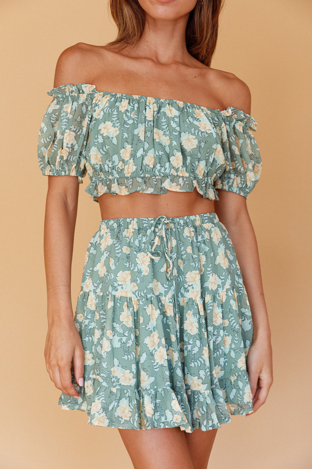 Archana Puff Sleeve Crop Top Floral Green by Selfie Leslie