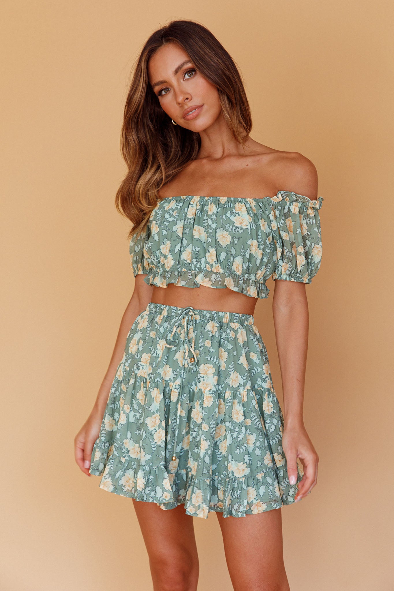 Archana Puff Sleeve Crop Top Floral Green by Selfie Leslie