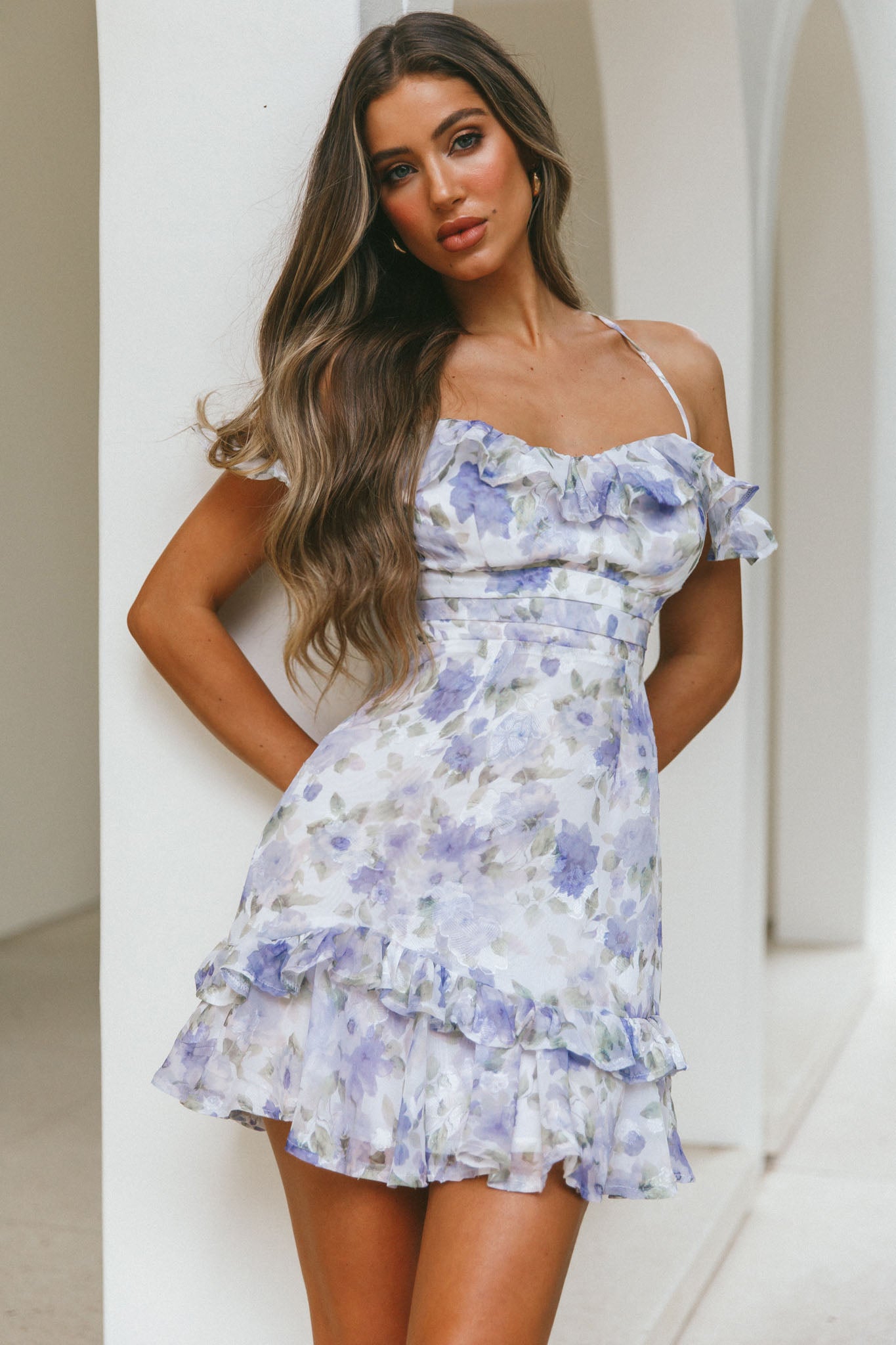 Matilda Frill Trim Off-Shoulder Mini Dress Floral Print Blue by Selfie Leslie