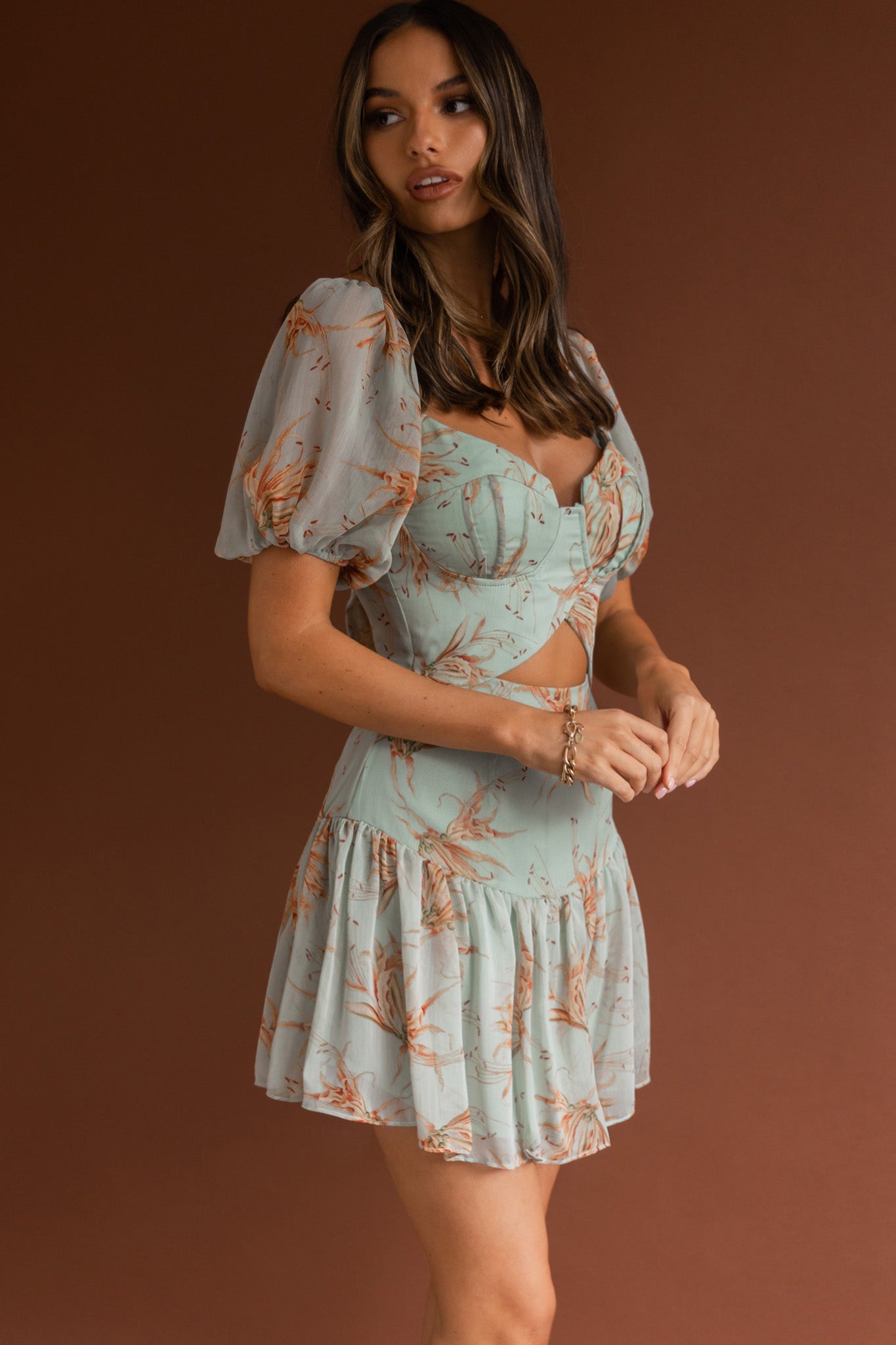 cosmo mini dress for love and lemons Devoted Structured Bust Puff Sleeve Dress Lily Print Pistachio