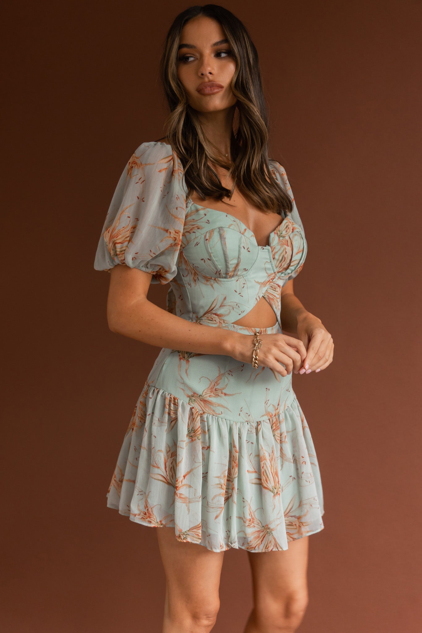 Devoted Structured Bust Puff Sleeve Dress Lily Print Pistachio by Selfie Leslie
