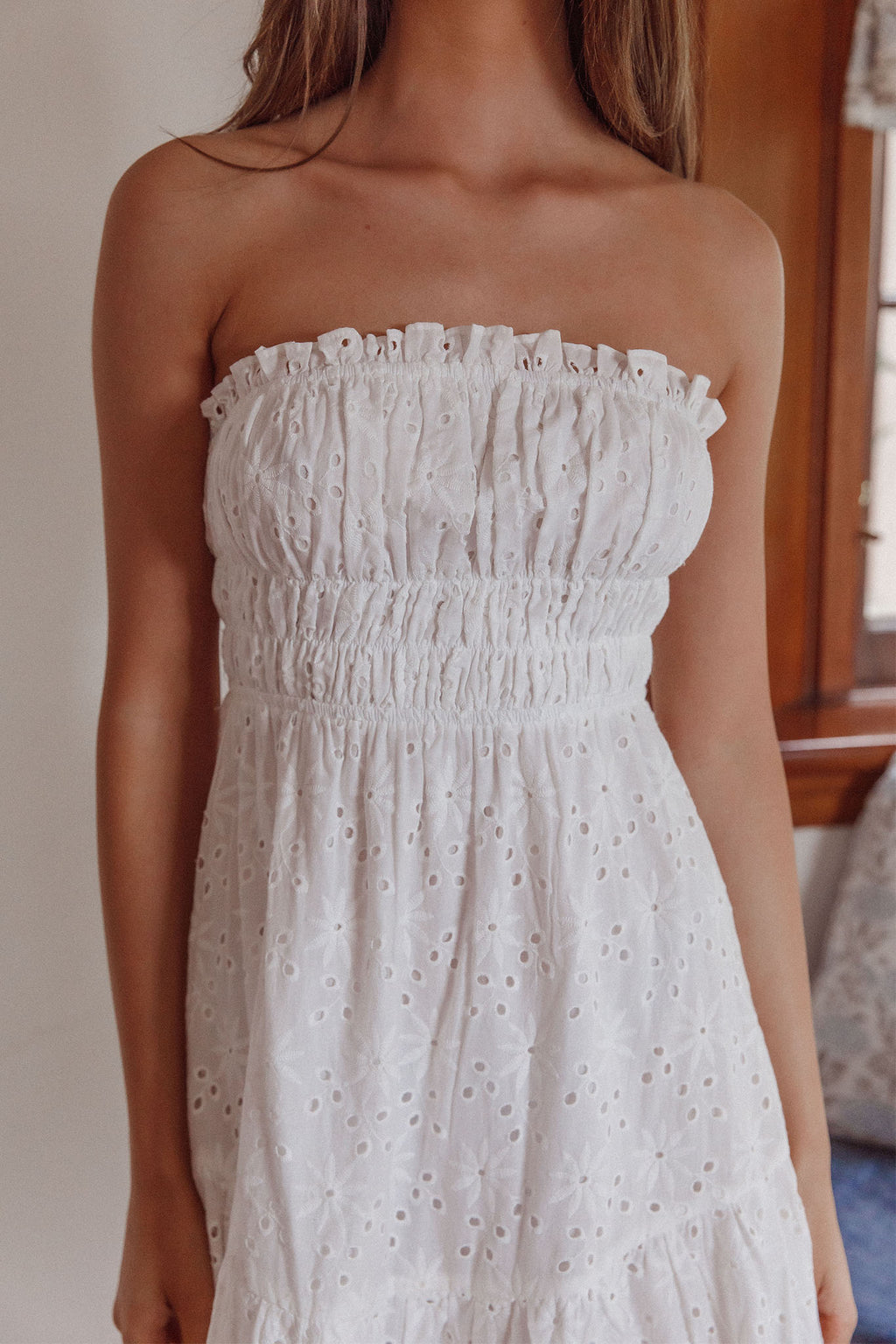 Chasing Sunshine Strapless Midi Dress White by Selfie Leslie