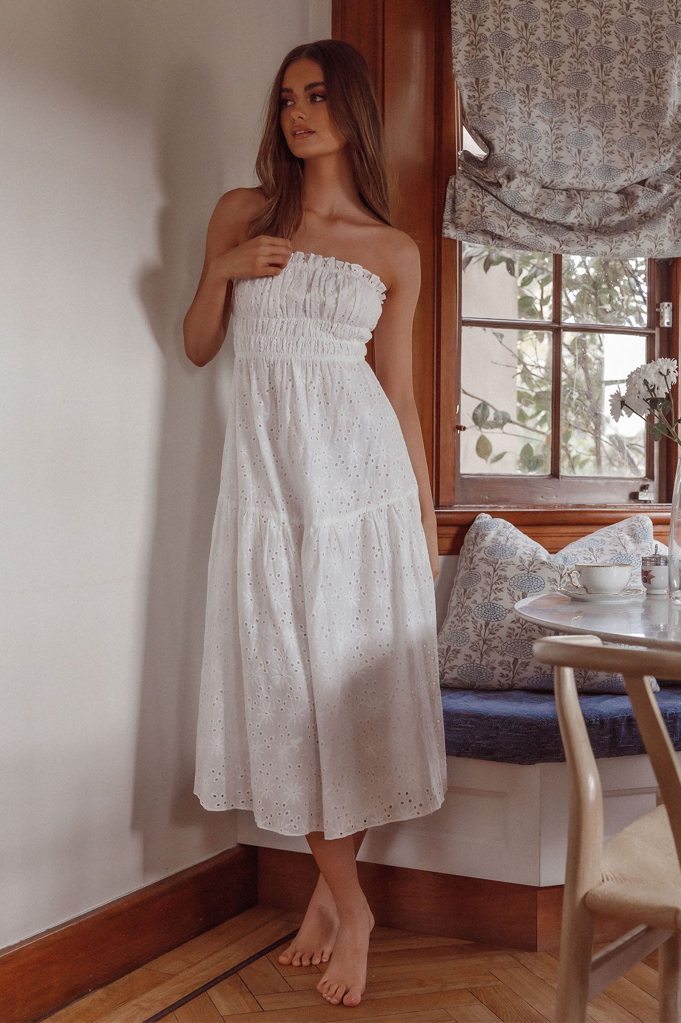 Chasing Sunshine Strapless Midi Dress White by Selfie Leslie