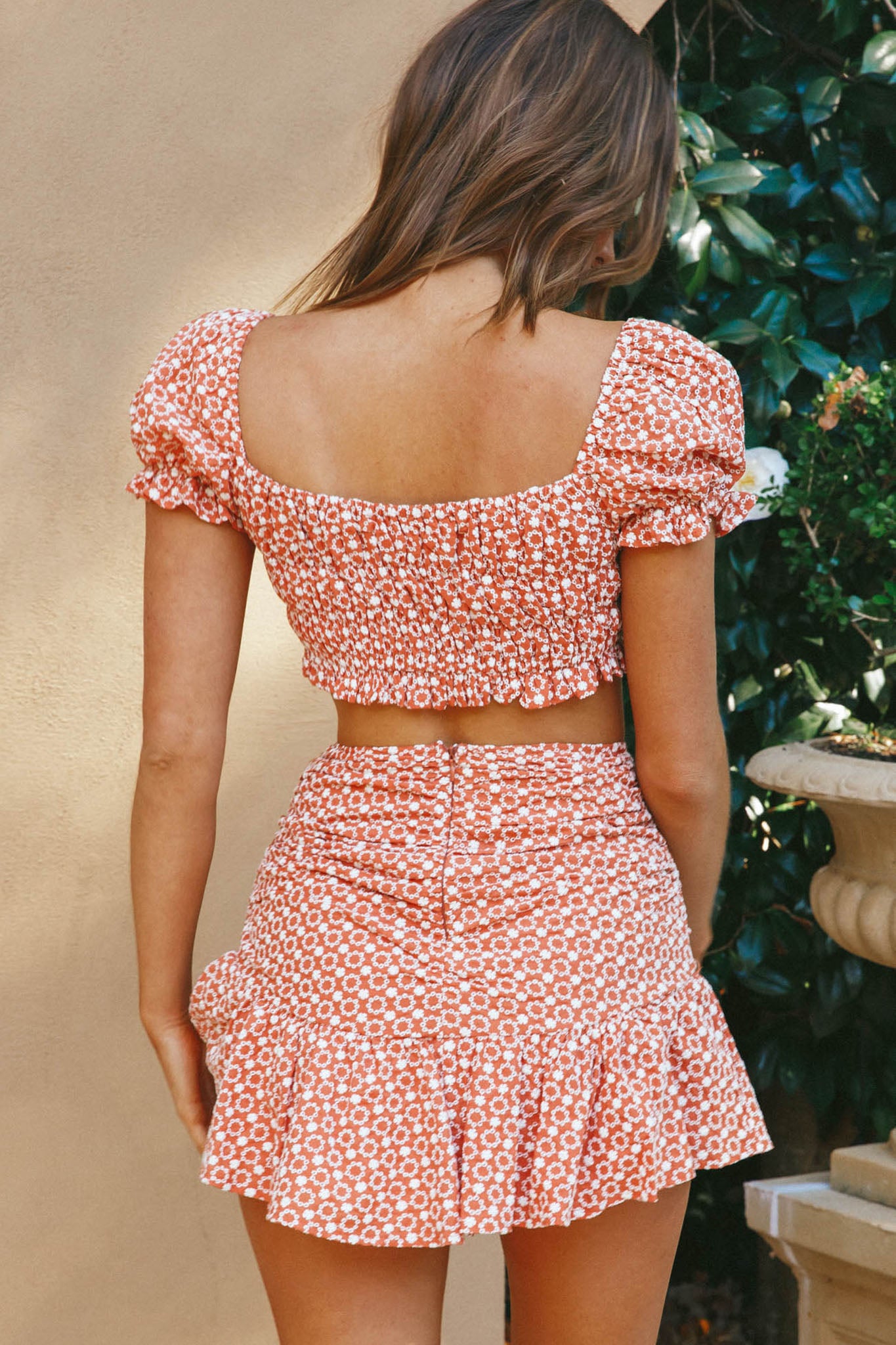 Paradis Ruched Eyelet Embroidery Mini Skirt Terracotta by Selfie Leslie