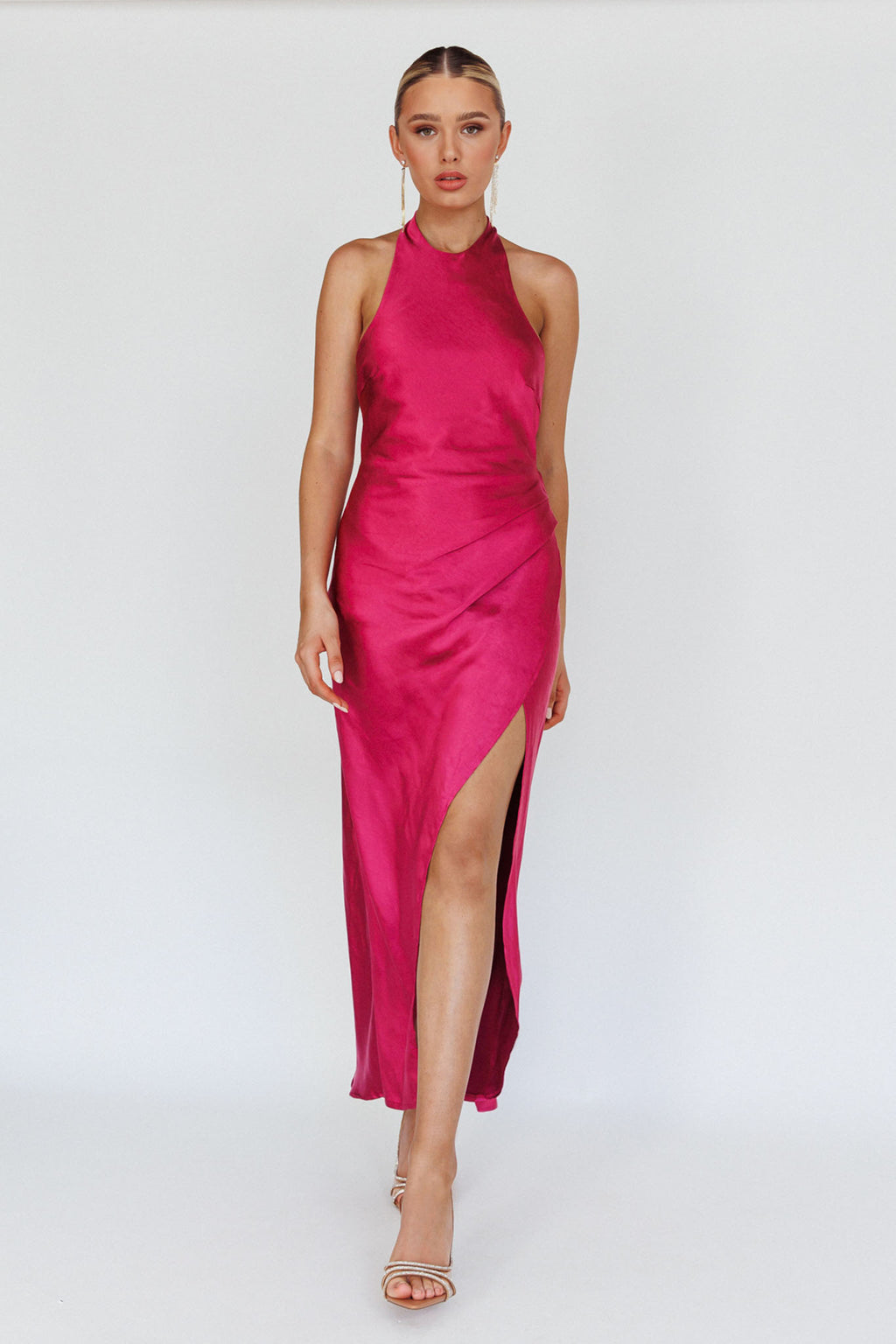 Sonoma Halterneck Faux Wrap Twist Back Maxi Dress Fuchsia by Selfie Leslie