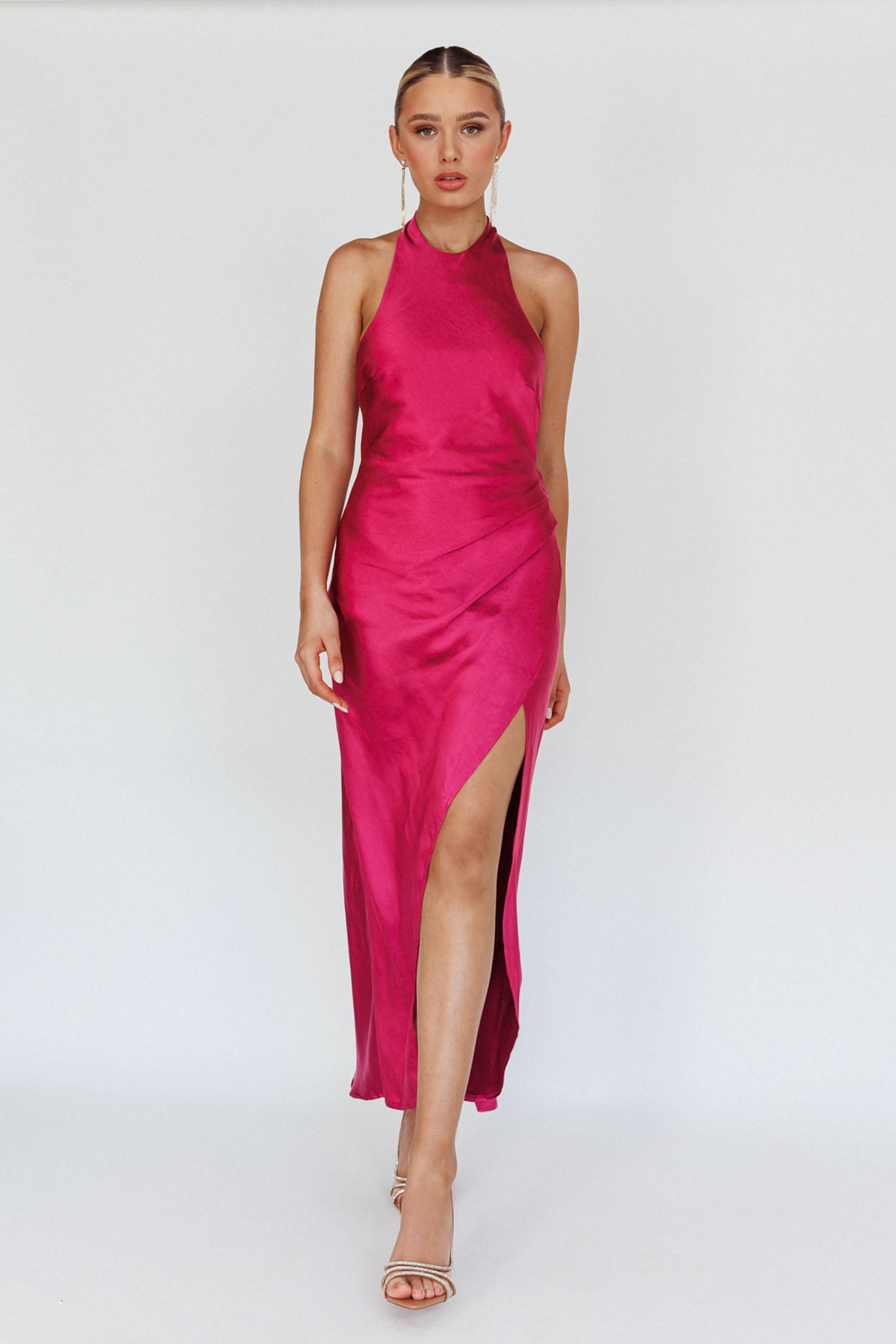 Sonoma Halterneck Faux Wrap Twist Back Maxi Dress Fuchsia by Selfie Leslie