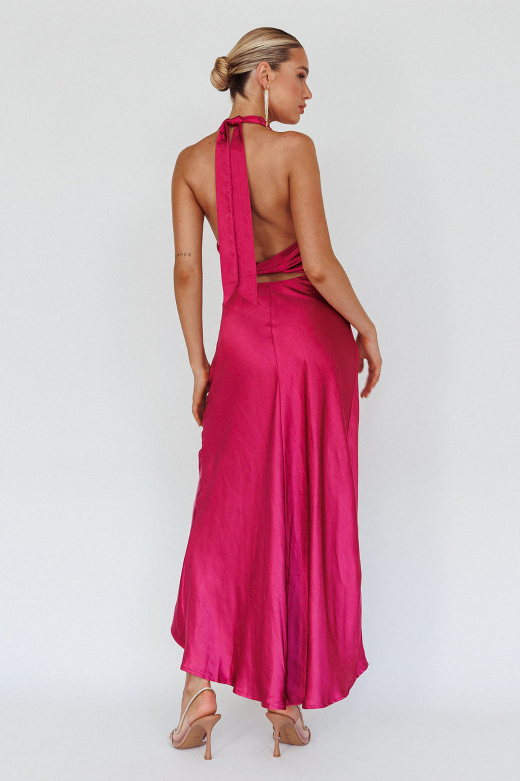 Sonoma Halterneck Faux Wrap Twist Back Maxi Dress Fuchsia by Selfie Leslie