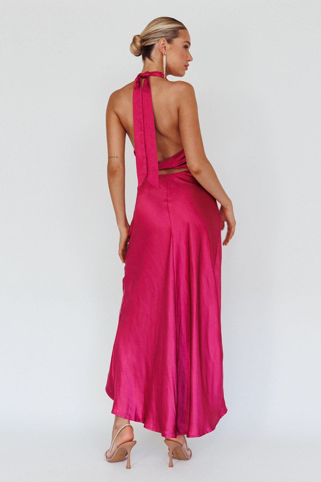 Sonoma Halterneck Faux Wrap Twist Back Maxi Dress Fuchsia by Selfie Leslie