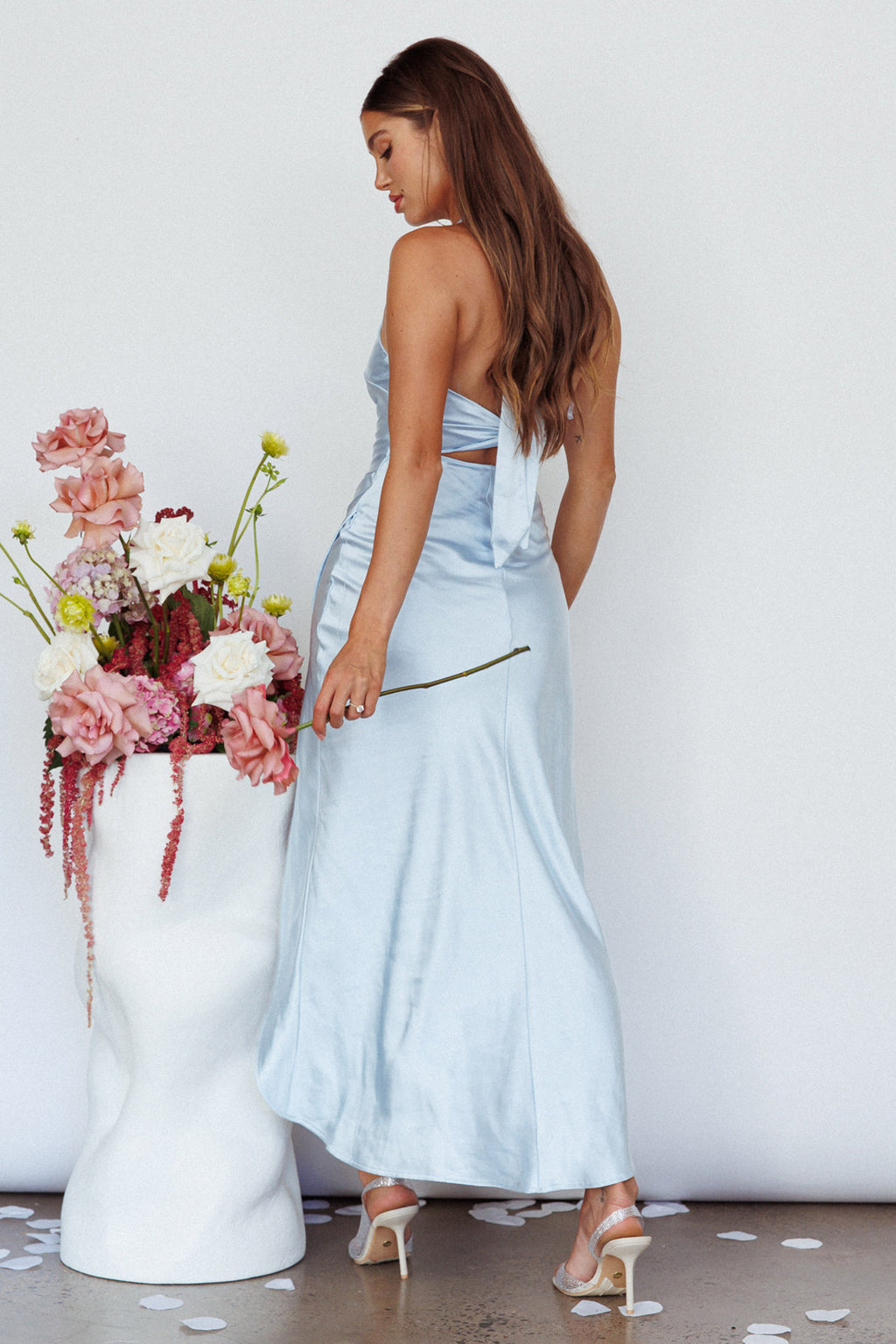 Sonoma Halterneck Faux Wrap Twist Back Maxi Dress Steel Blue by Selfie Leslie
