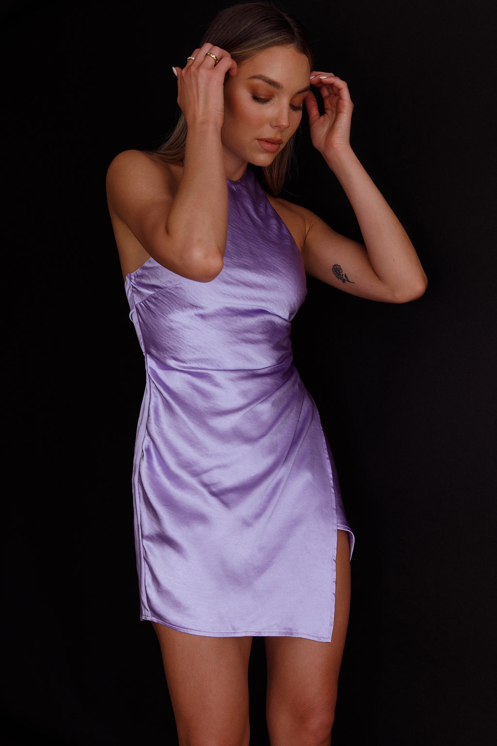 Sonoma Halterneck Faux Wrap Twist Back Mini Dress Lilac by Selfie Leslie