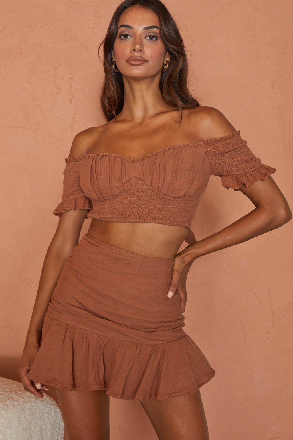 Rise And Shine Shirred Bodice Tied Back Crop Top Latte by Selfie Leslie