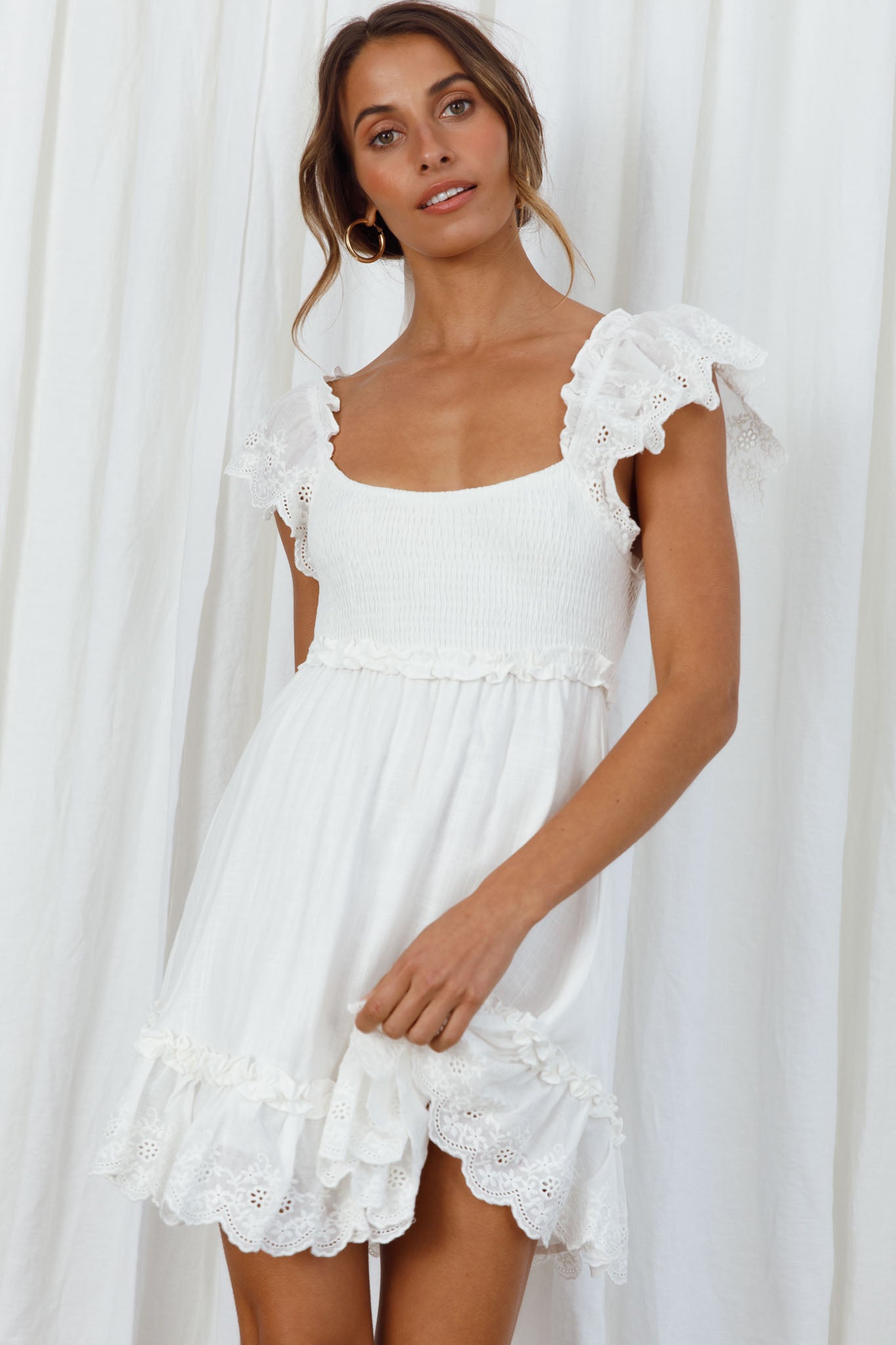 Bay Breeze Frill Shoulder Shirred Bodice Dress White by Selfie Leslie