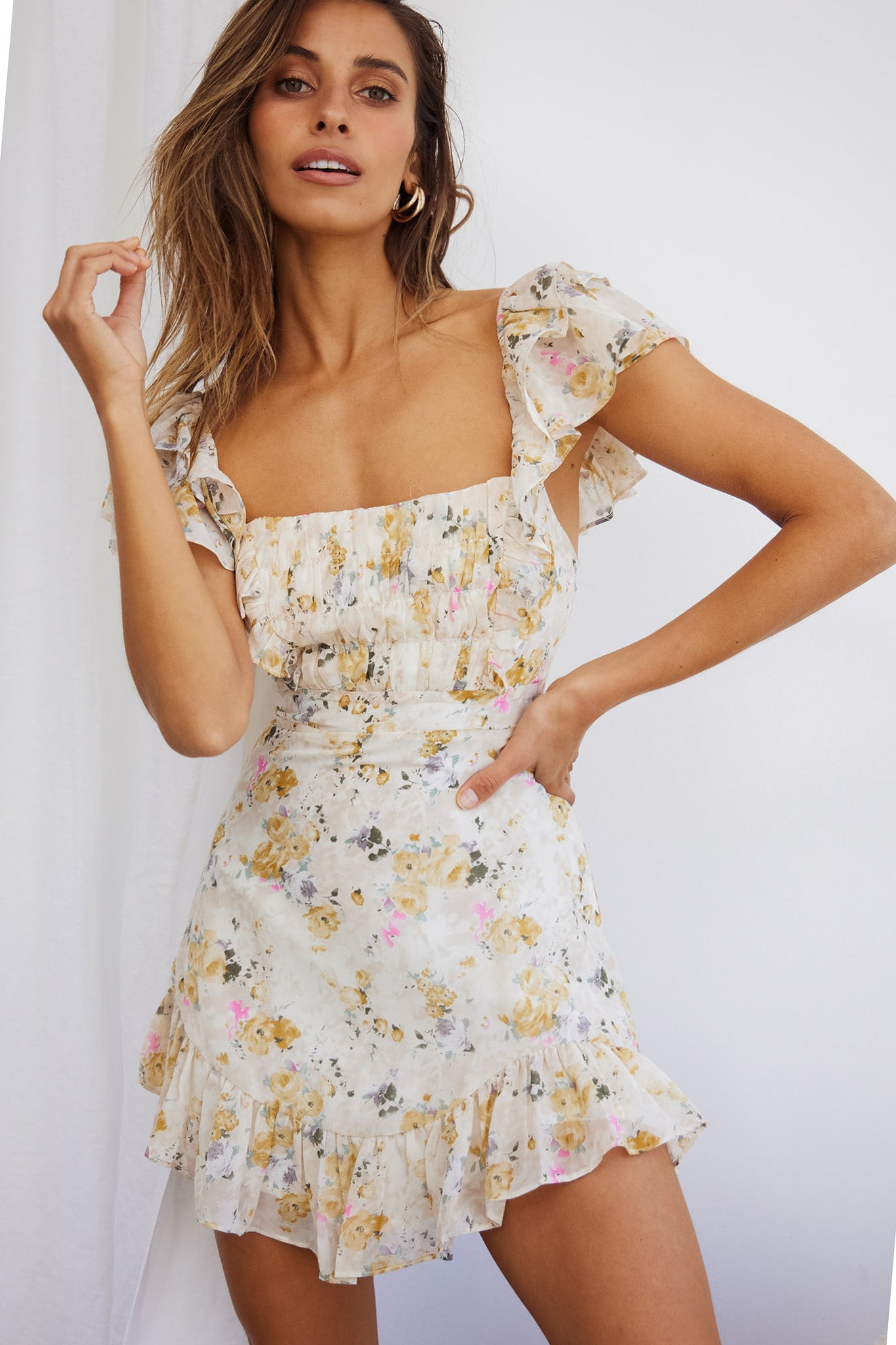 Lazy Sunday Frill Shoulder Tie-Up Back Dress Floral Print Beige by Selfie Leslie