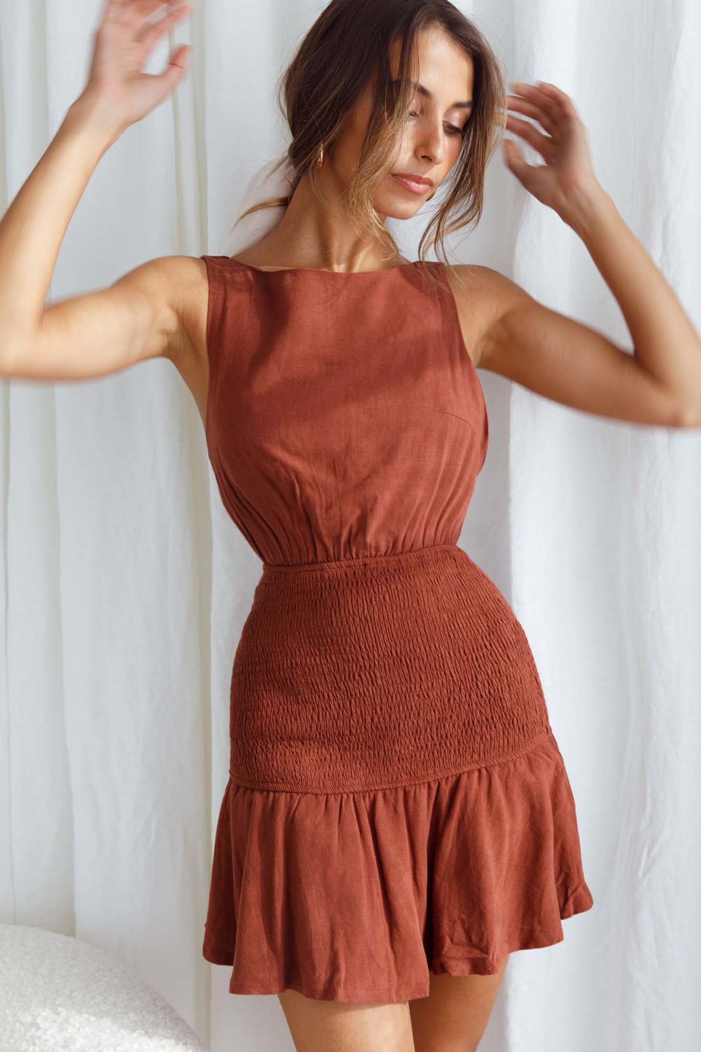 Antonine Elasticated Straps Shirred Waist Mini Dress Cinnamon by Selfie Leslie