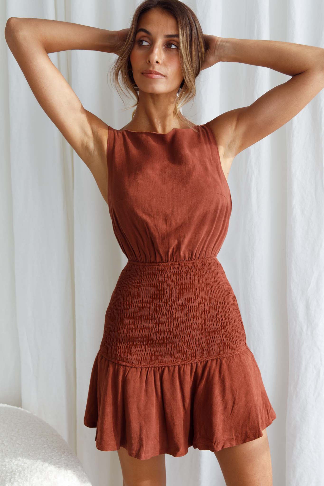 Antonine Elasticated Straps Shirred Waist Mini Dress Cinnamon by Selfie Leslie