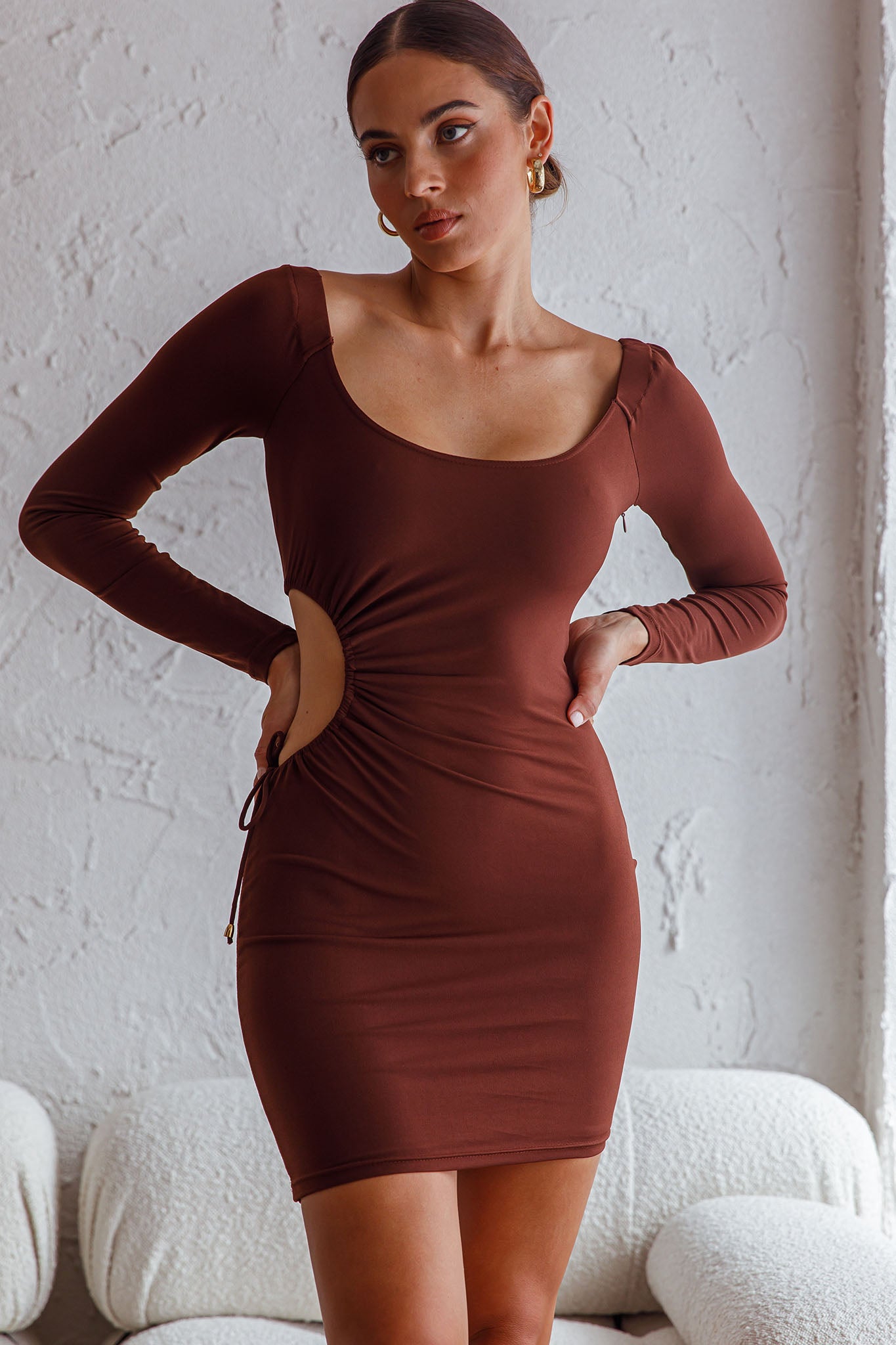 Nikola Cut-Out Feature Long Sleeve Bodycon Mini Dress Chocolate by Selfie Leslie