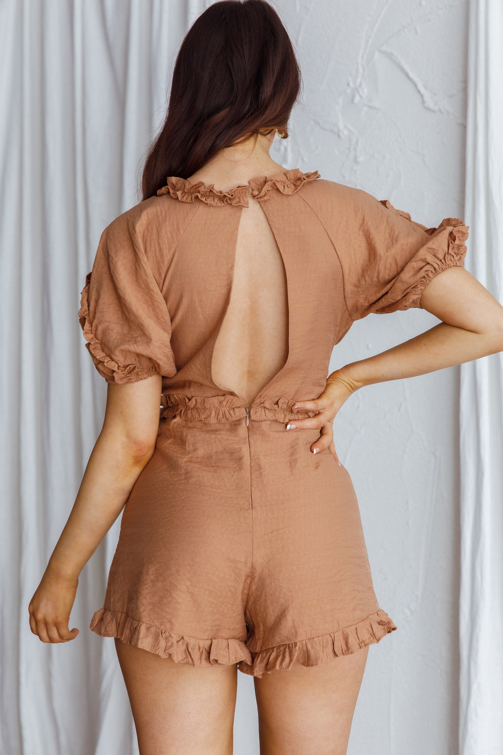 Galatia Frill Trim Puff Sleeve Romper Tan by Selfie Leslie