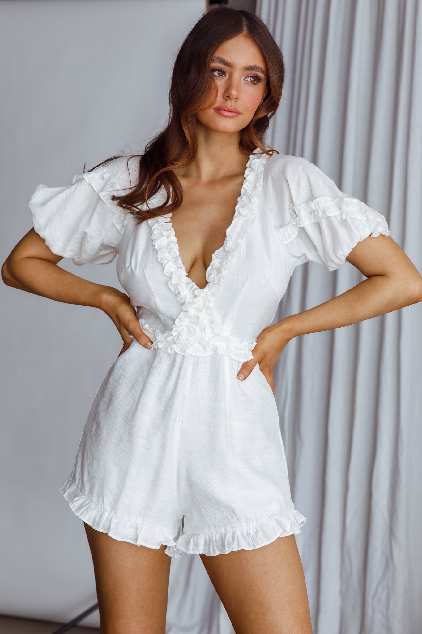 Galatia Frill Trim Puff Sleeve Romper White by Selfie Leslie