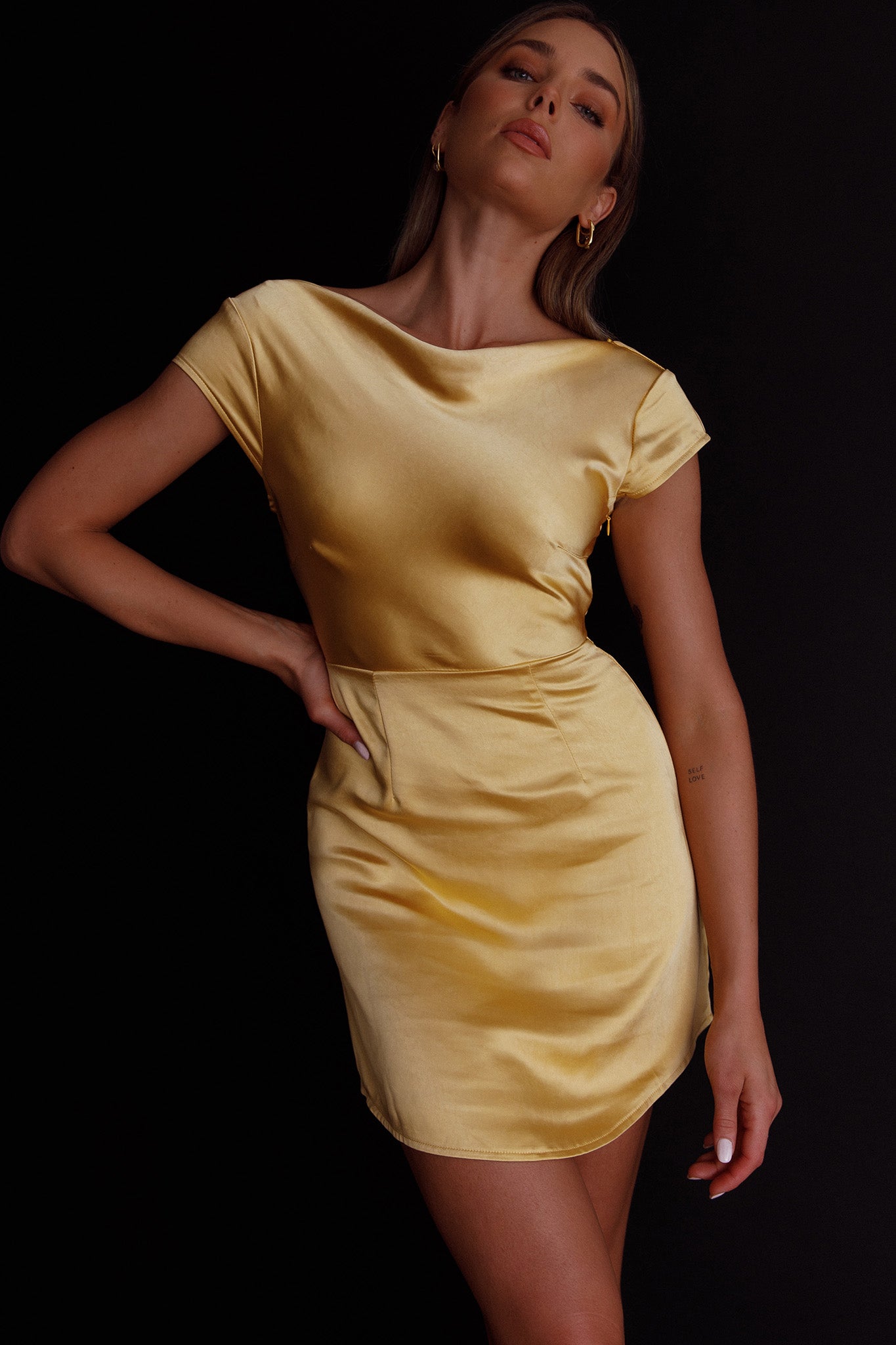 Lucinda Twist Back Mini Dress Yellow by Selfie Leslie