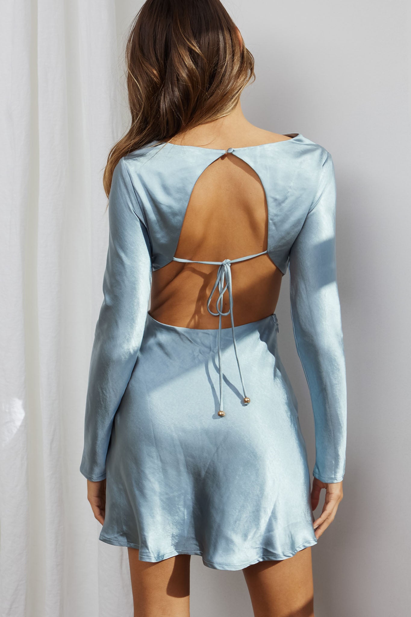 Northern Lights Long Sleeve Open Back Satin Mini Dress Blue Northern Lights Long Sleeve Open Back Satin Mini Dress Blue