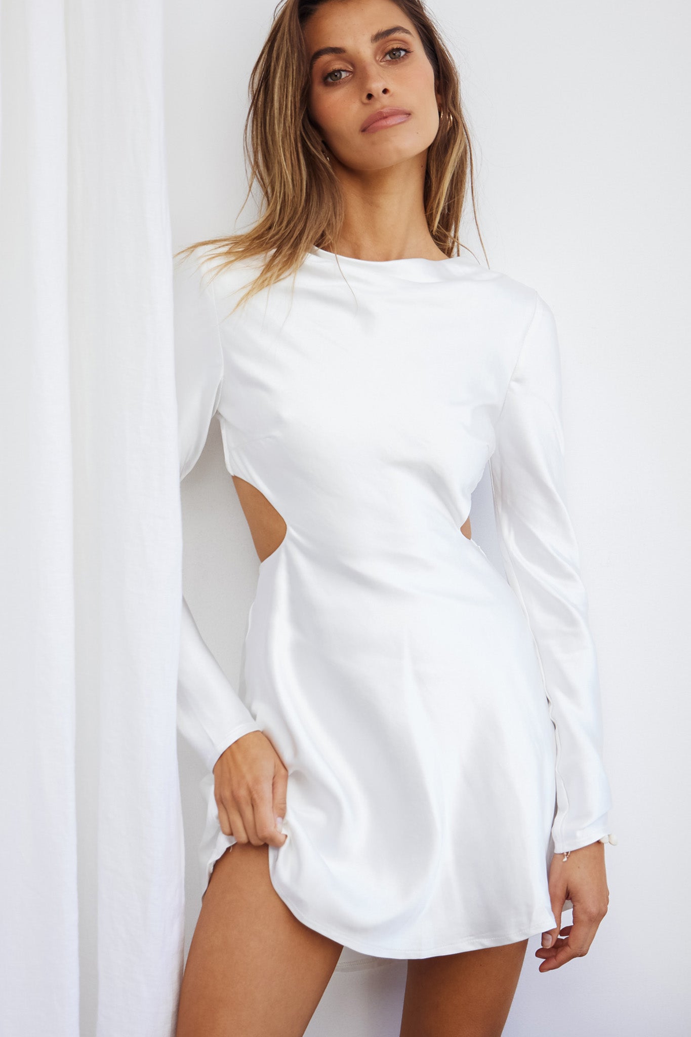Northern Lights Long Sleeve Open Back Satin Mini Dress Ivory– Selfie Leslie
