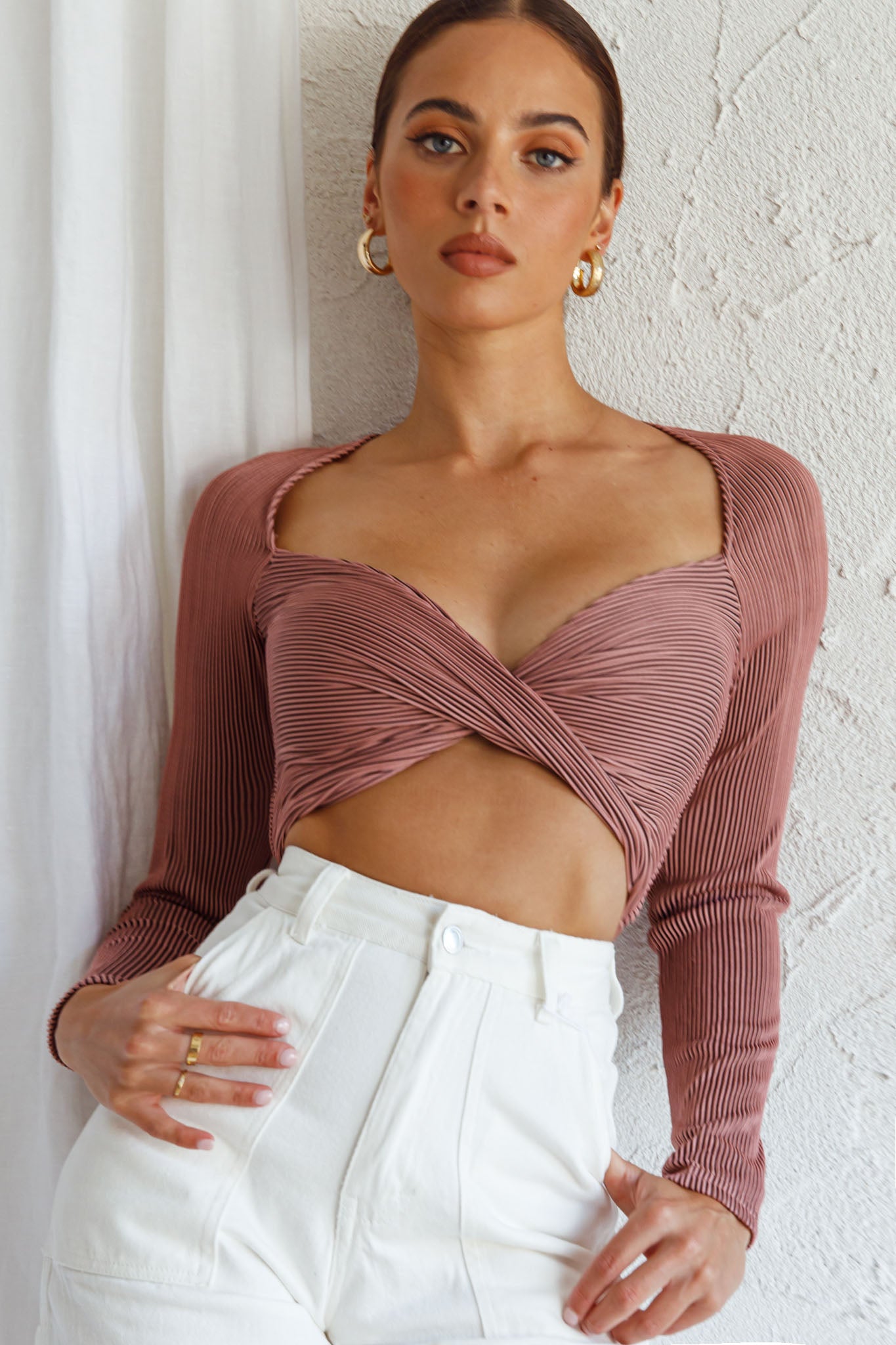 Villa Laguna Twist Bust Long Sleeve Crop Top Blush by Selfie Leslie