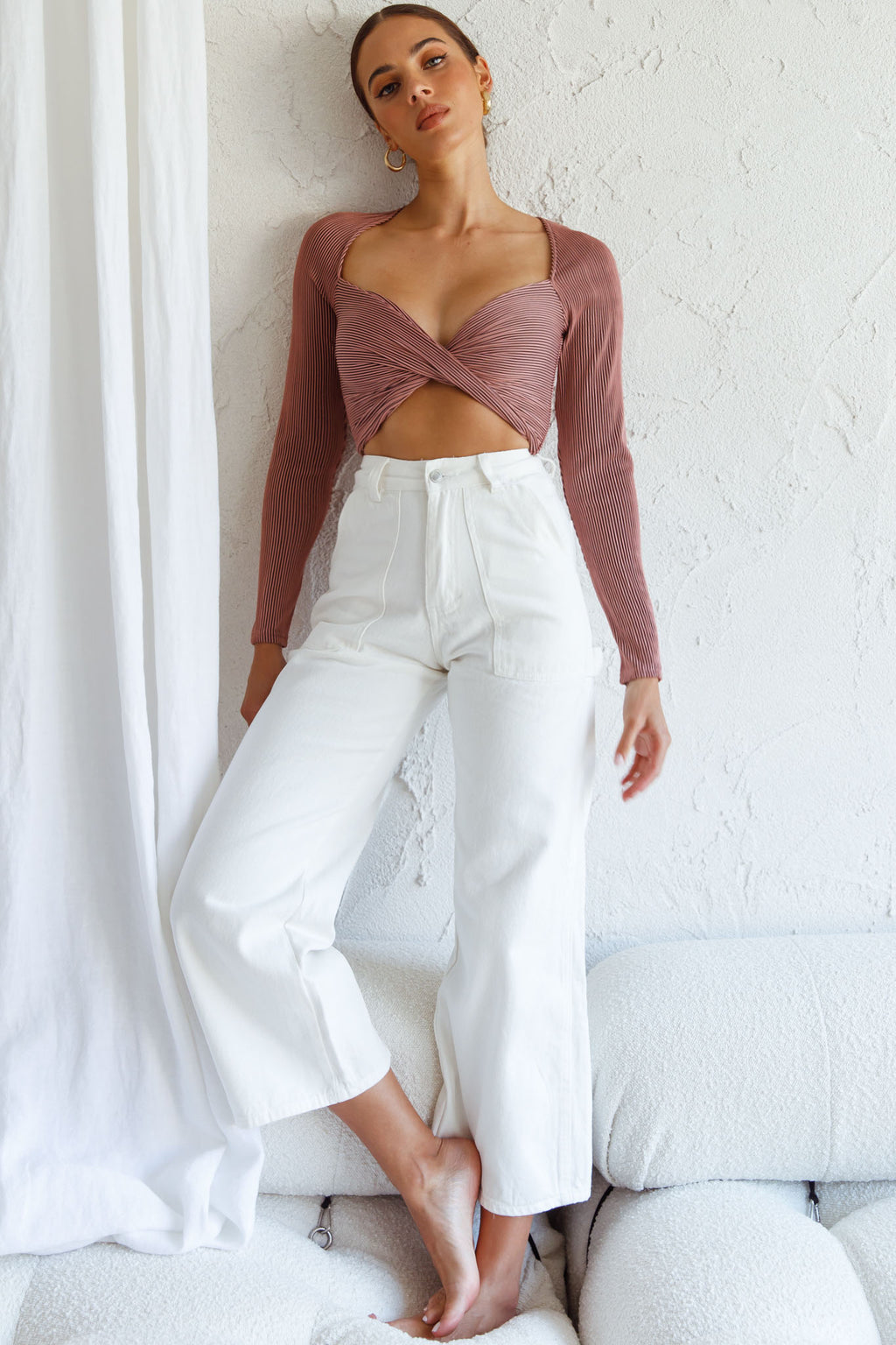 Villa Laguna Twist Bust Long Sleeve Crop Top Blush by Selfie Leslie