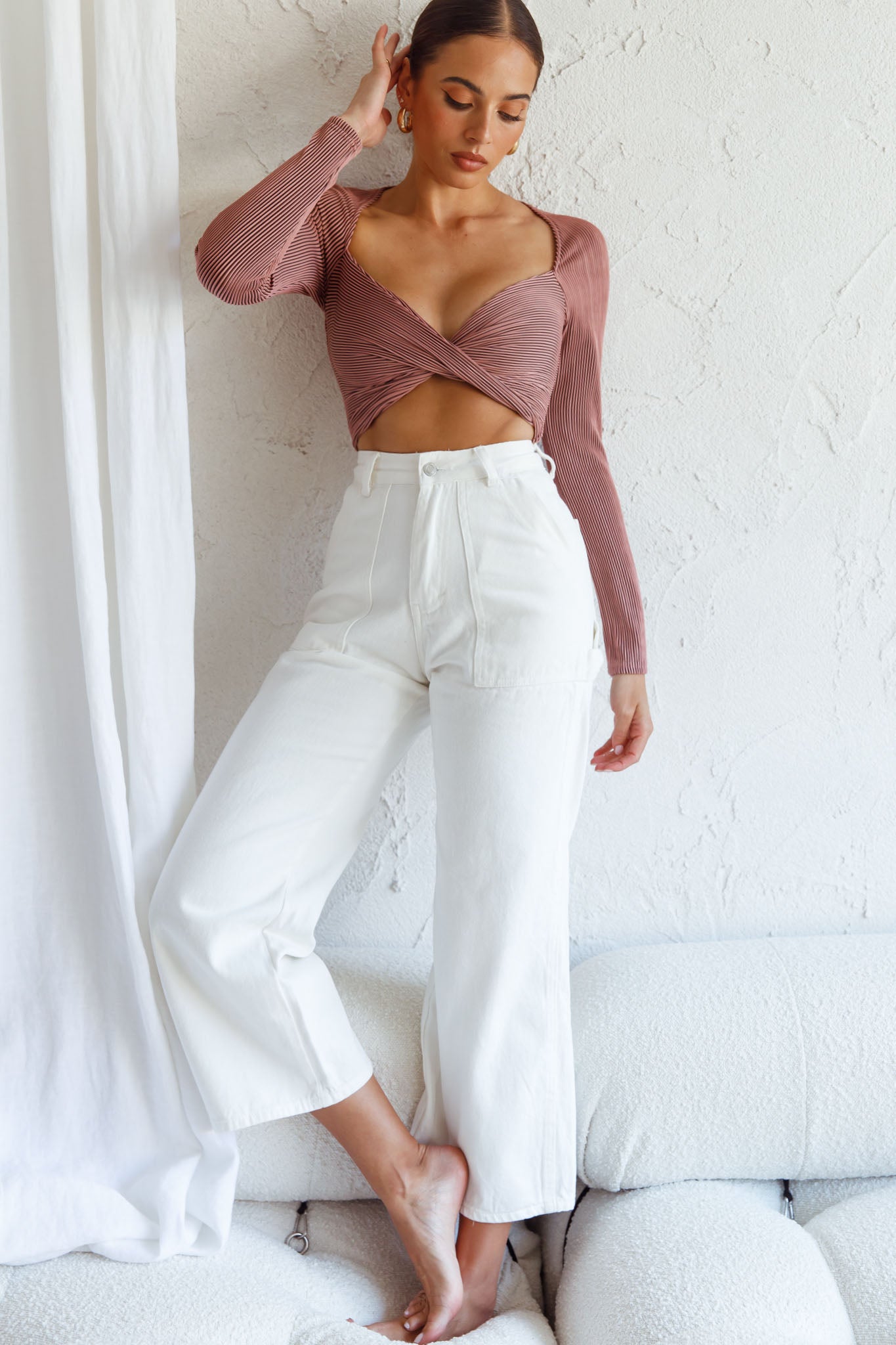 Villa Laguna Twist Bust Long Sleeve Crop Top Blush by Selfie Leslie