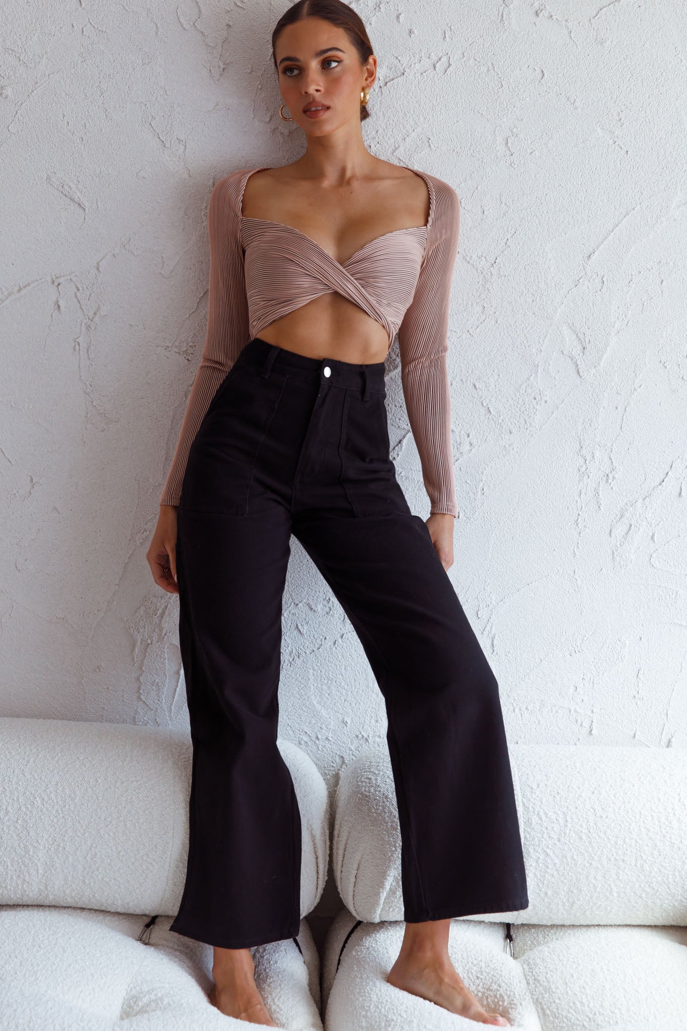 Villa Laguna Twist Bust Long Sleeve Crop Top Beige by Selfie Leslie