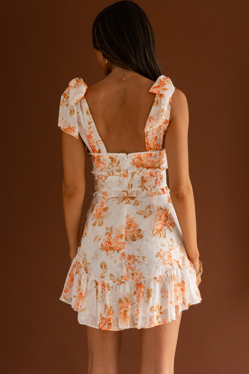 Break Of Dawn Bow Shoulder Shirred Waist Dress Floral White by Selfie Leslie
