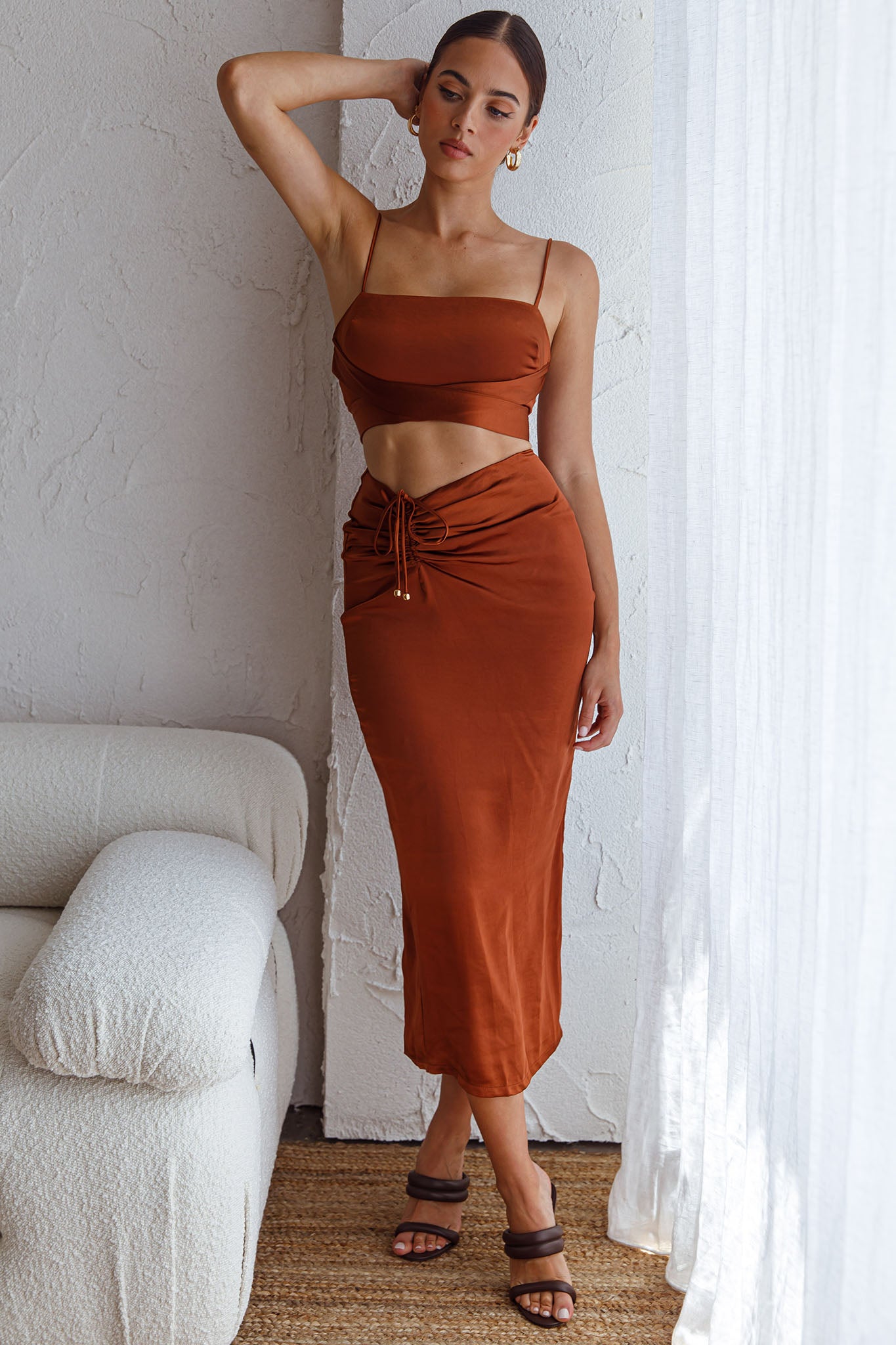 Desert Skies Ruched Drawstring Satin Midi Skirt Chocolate by Selfie Leslie