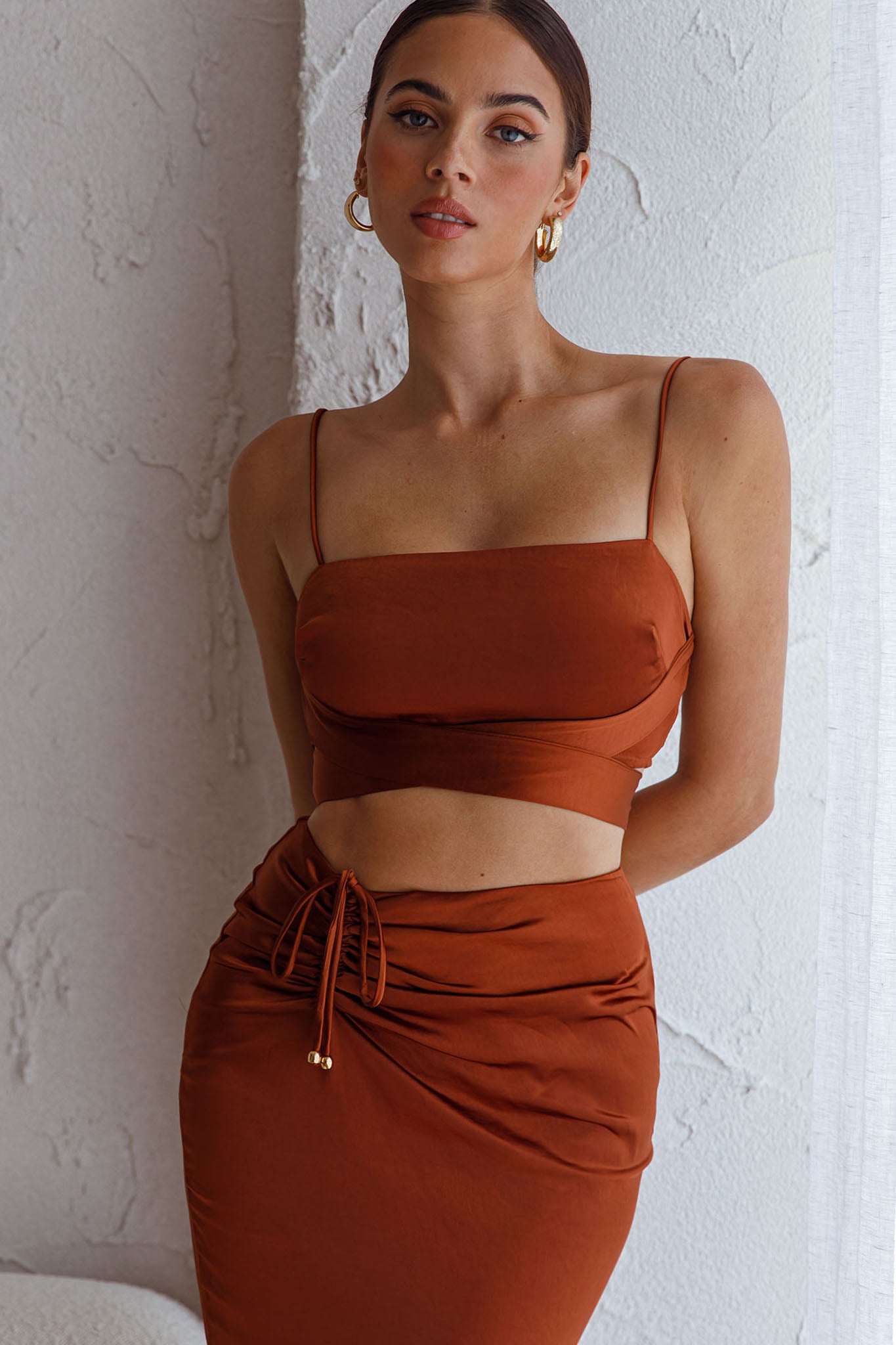 Desert Skies Square Neckline Tie Back Crop Top Chocolate by Selfie Leslie