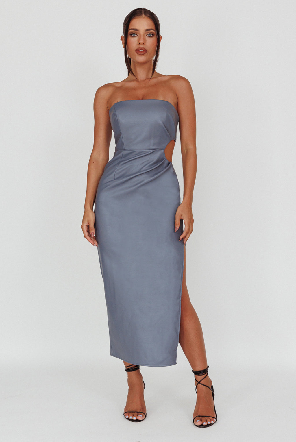Taking Bets Strapless Midi Dress Leather Midnight Blue by Selfie Leslie