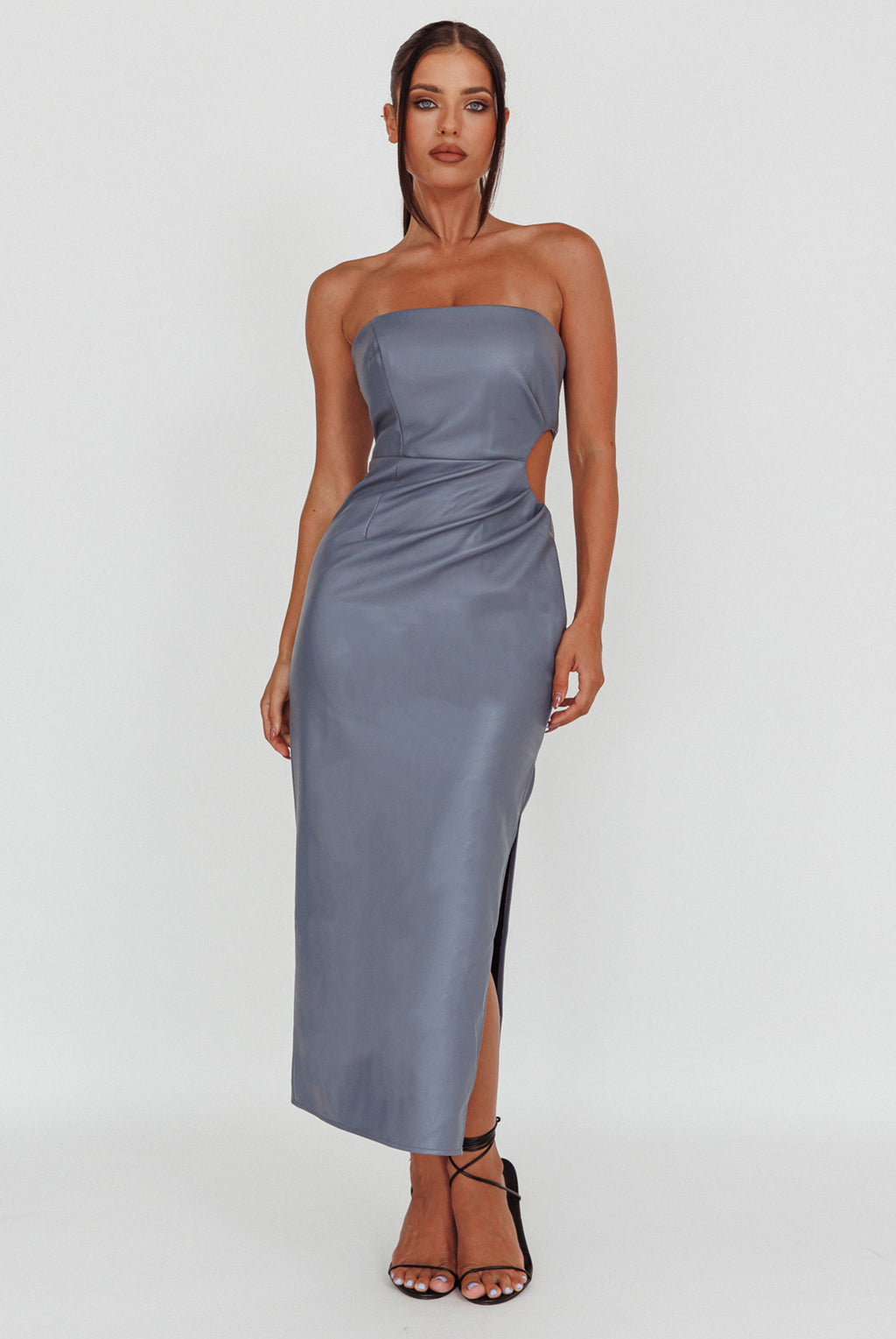 Taking Bets Strapless Midi Dress Leather Midnight Blue by Selfie Leslie