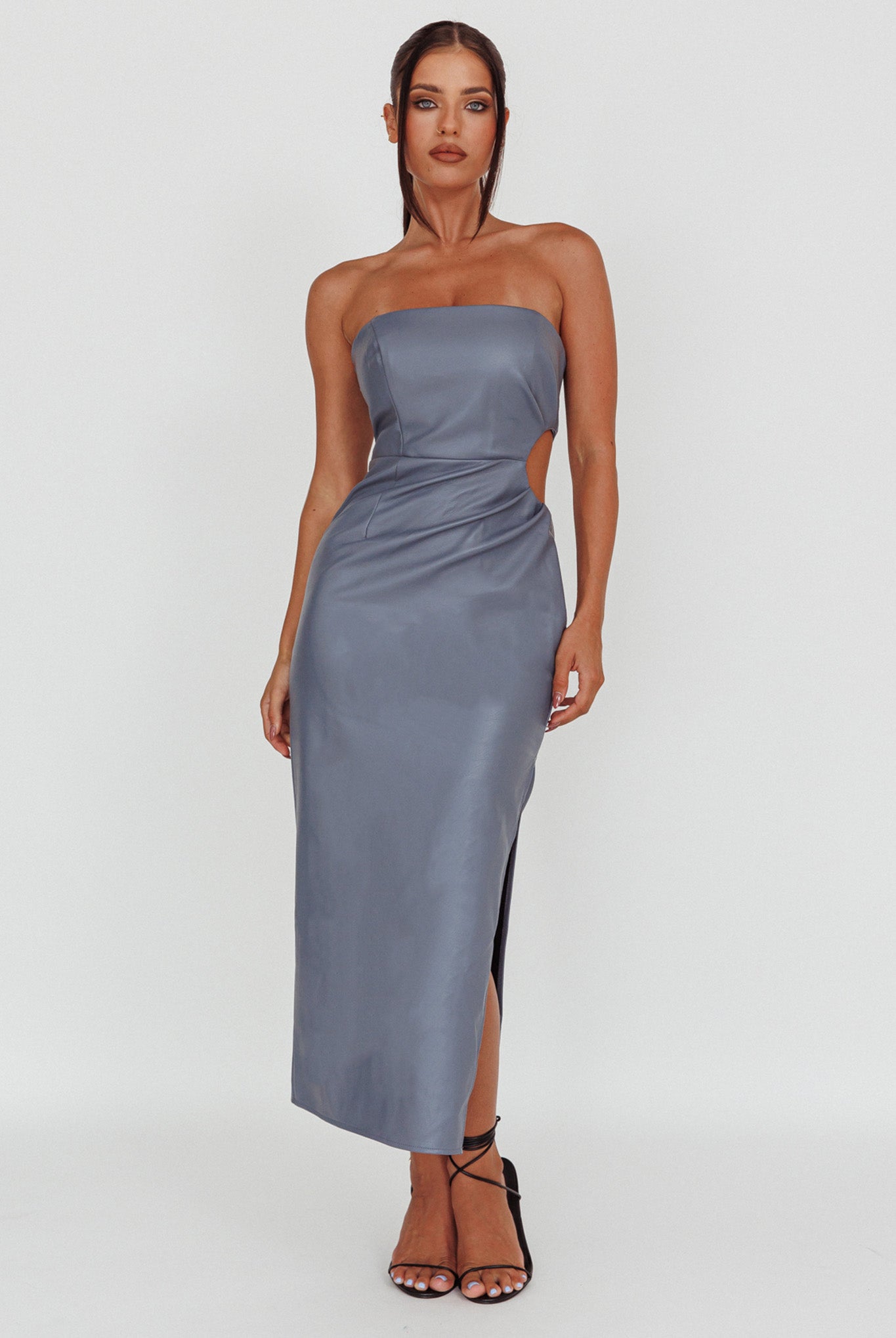Taking Bets Strapless Midi Dress Leather Midnight Blue by Selfie Leslie